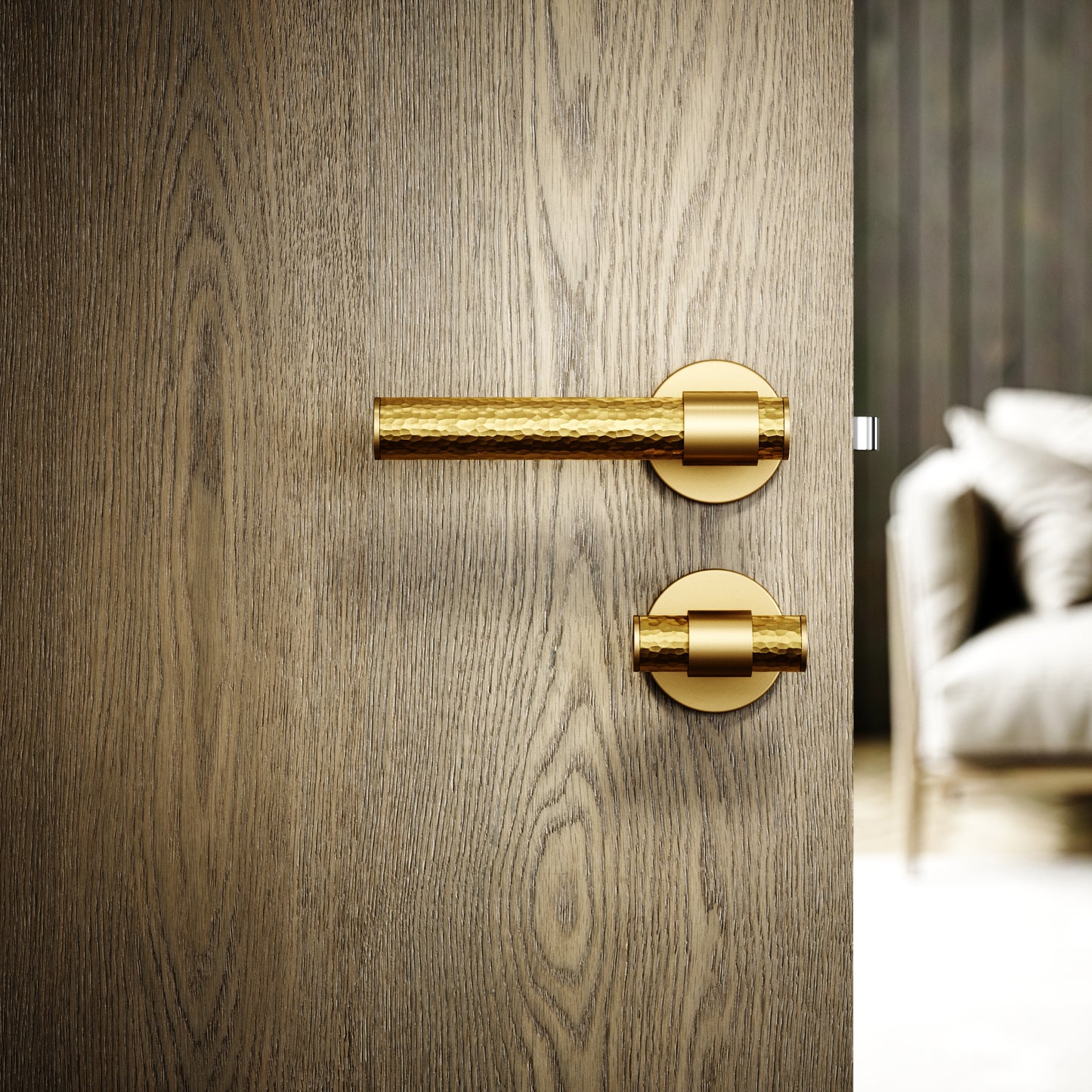 Chester Brushed Gold Hammered Bathroom WC Handle & Round Thumbturn Set