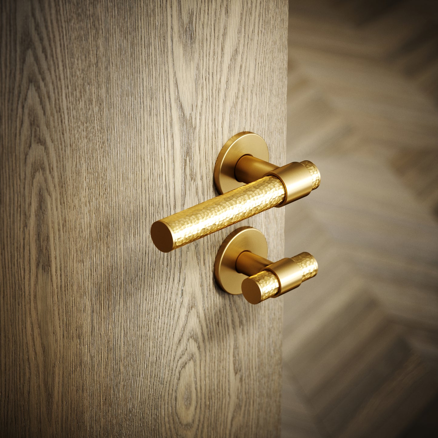 Chester Brushed Gold Hammered Bathroom WC Handle & Round Thumbturn Set