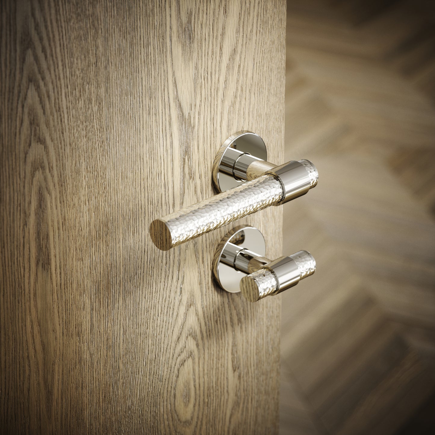 Chester Polished Nickel Hammered Bathroom WC Handle & Round Thumbturn Set