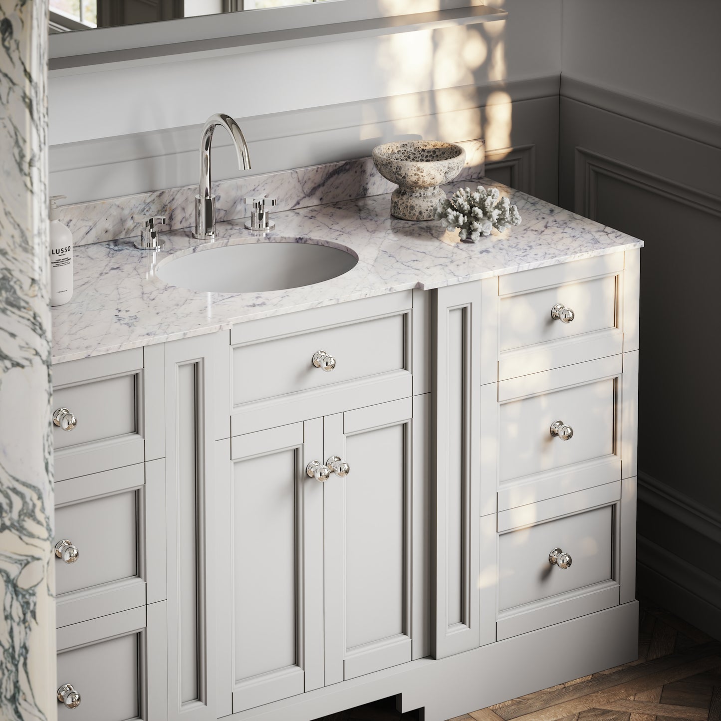 Eaton Matte Stone Carrara Marble Floorstanding Vanity Unit 1400mm
