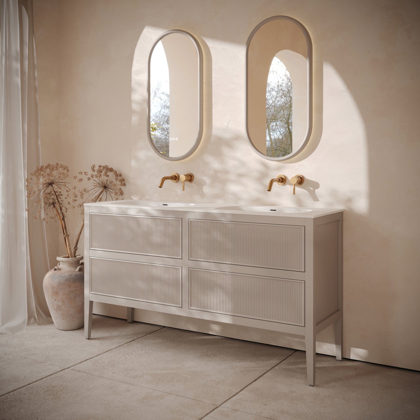 Hampton Velvet Beige Floorstanding Double Vanity Unit with Matte White Basin 1600mm