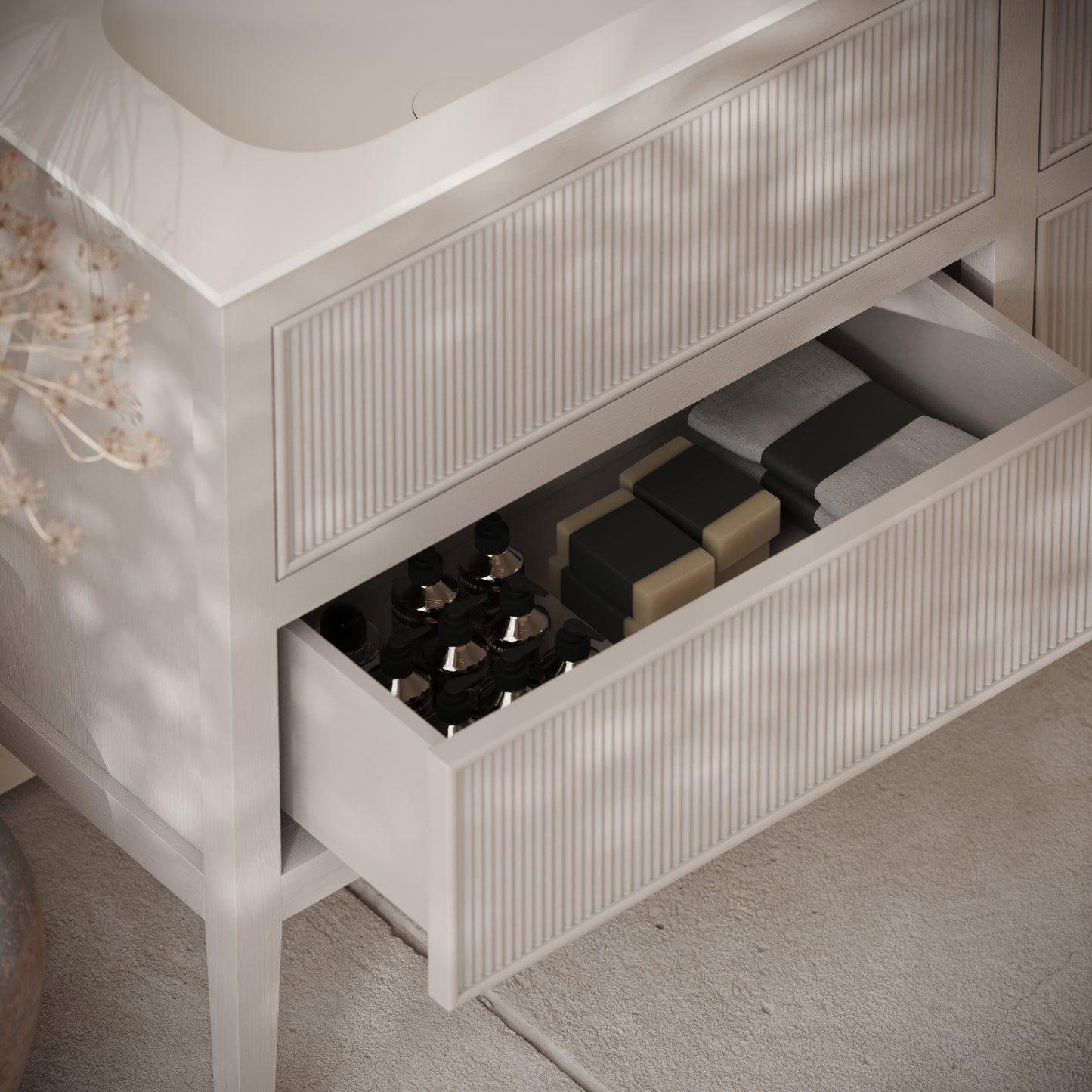 Hampton Velvet Beige Floorstanding Double Vanity Unit with Matte White Basin 1600mm