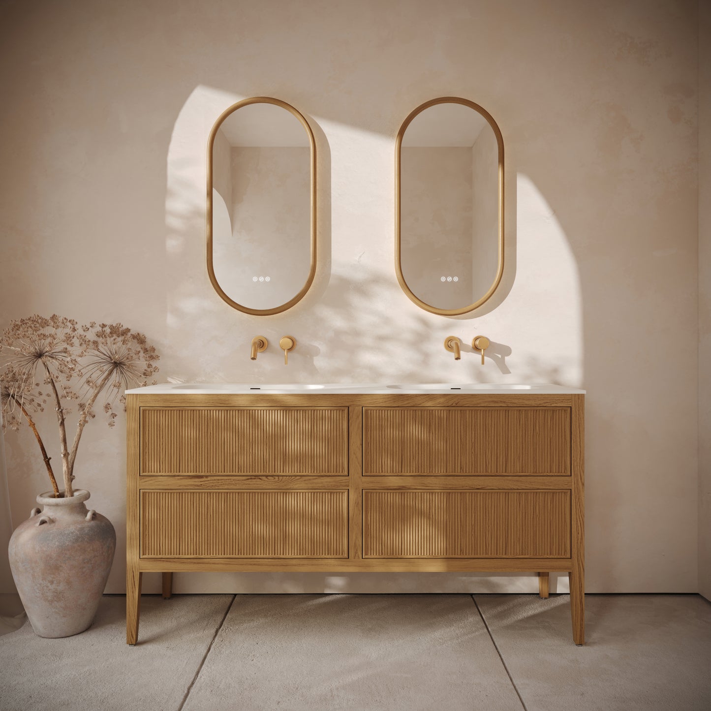 Hampton Oak Floorstanding Double Vanity Unit with Matte White Basin 1600mm