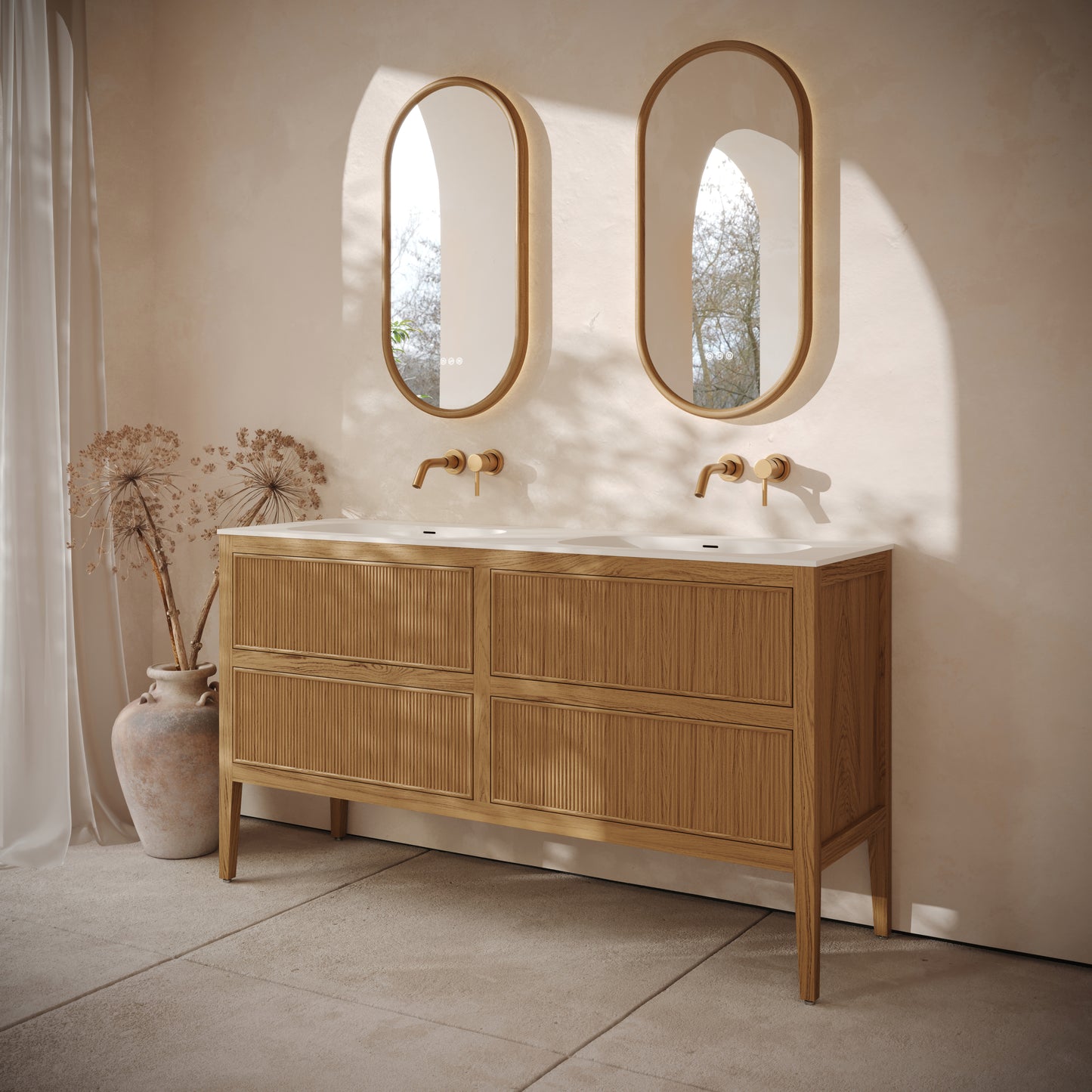Hampton Oak Floorstanding Double Vanity Unit with Matte White Basin 1600mm