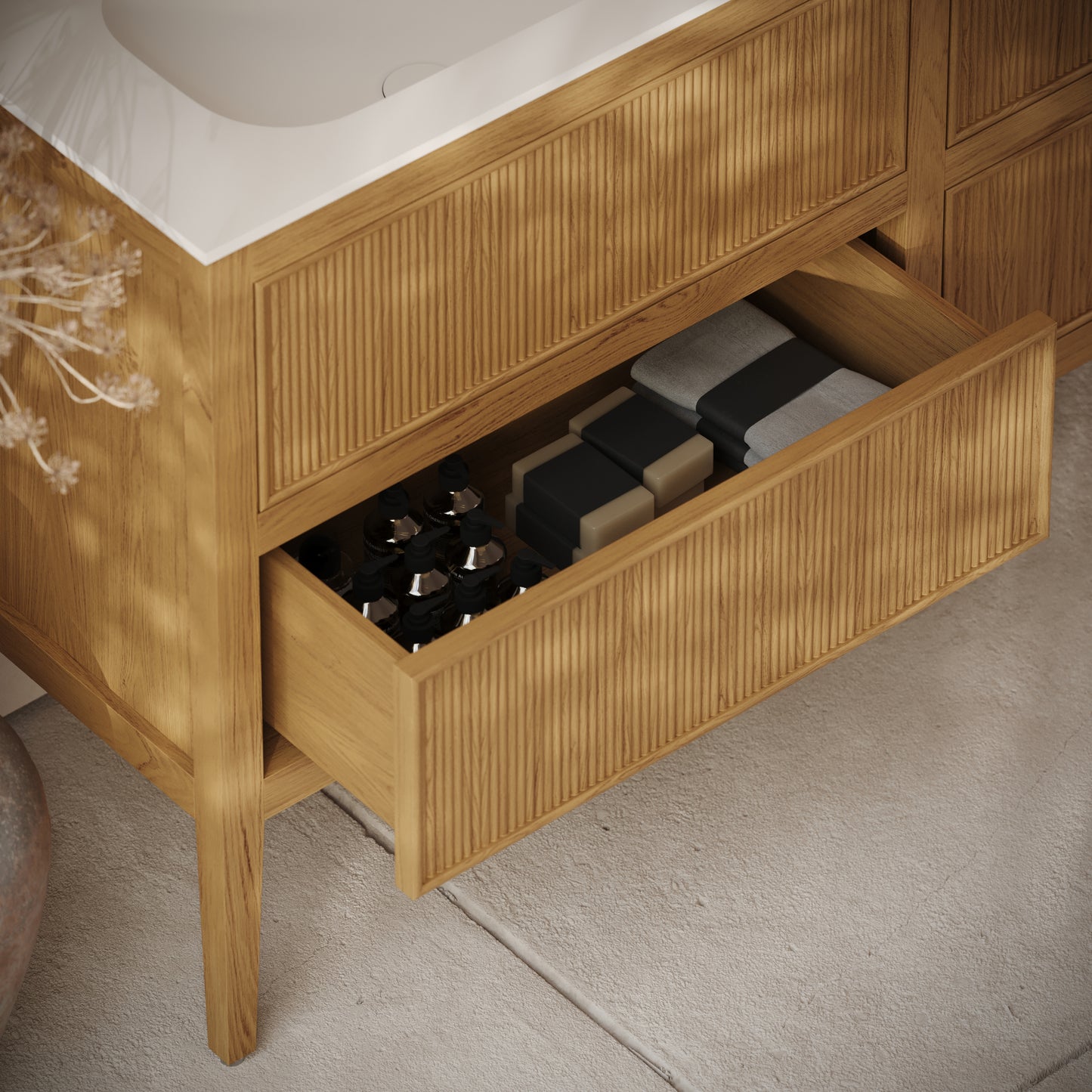 Hampton Oak Floorstanding Double Vanity Unit with Matte White Basin 1600mm