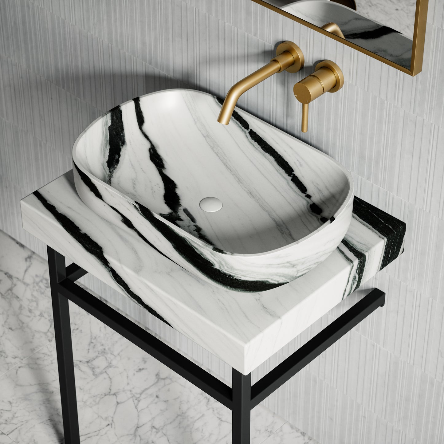 Lomazzo Panda Marble Countertop Matte Black Vanity Unit 600mm