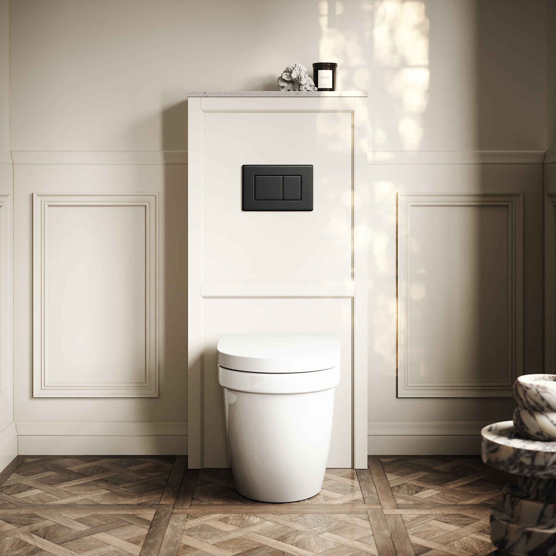 Berkeley Traditional Back to Wall Rimless Toilet with Concealed Cistern, Matte Cream Claridge Housing and Gunmetal Black Flush Plate