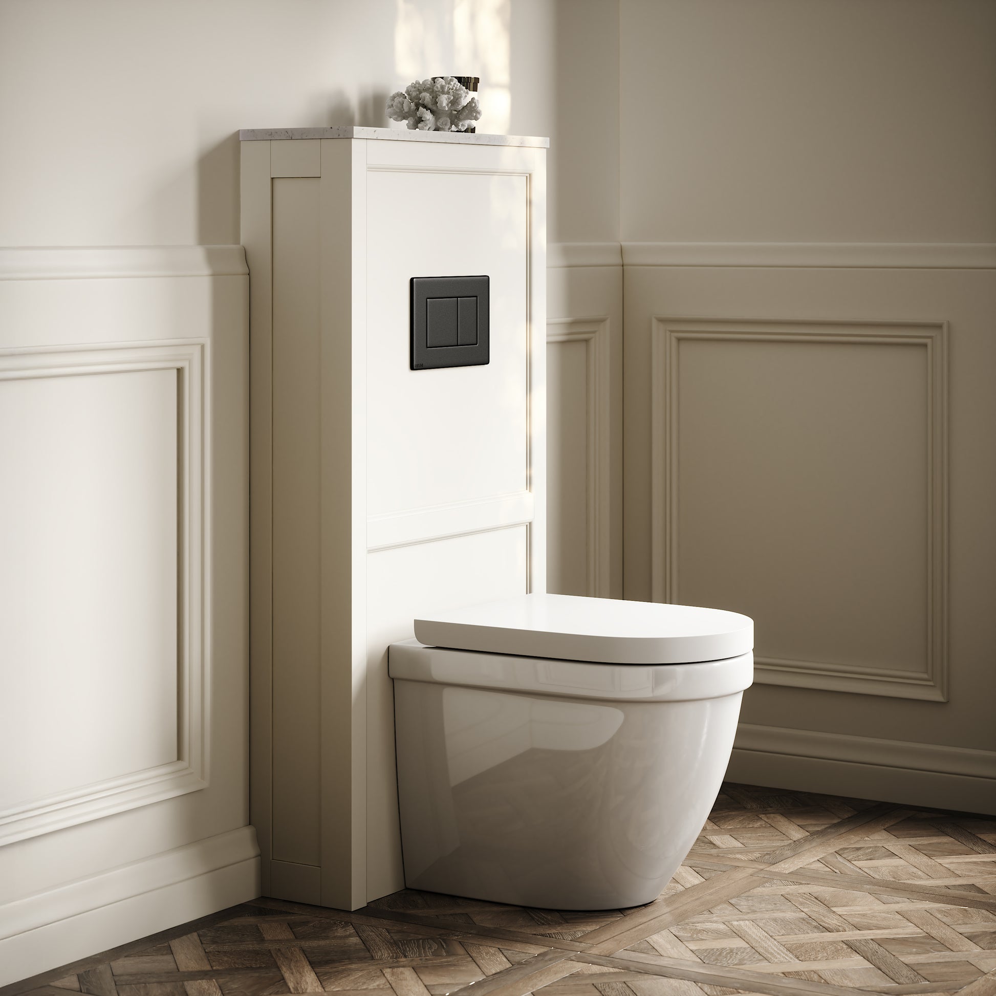 Berkeley Traditional Back to Wall Rimless Toilet with Concealed Cistern, Matte Cream Claridge Housing and Gunmetal Black Flush Plate