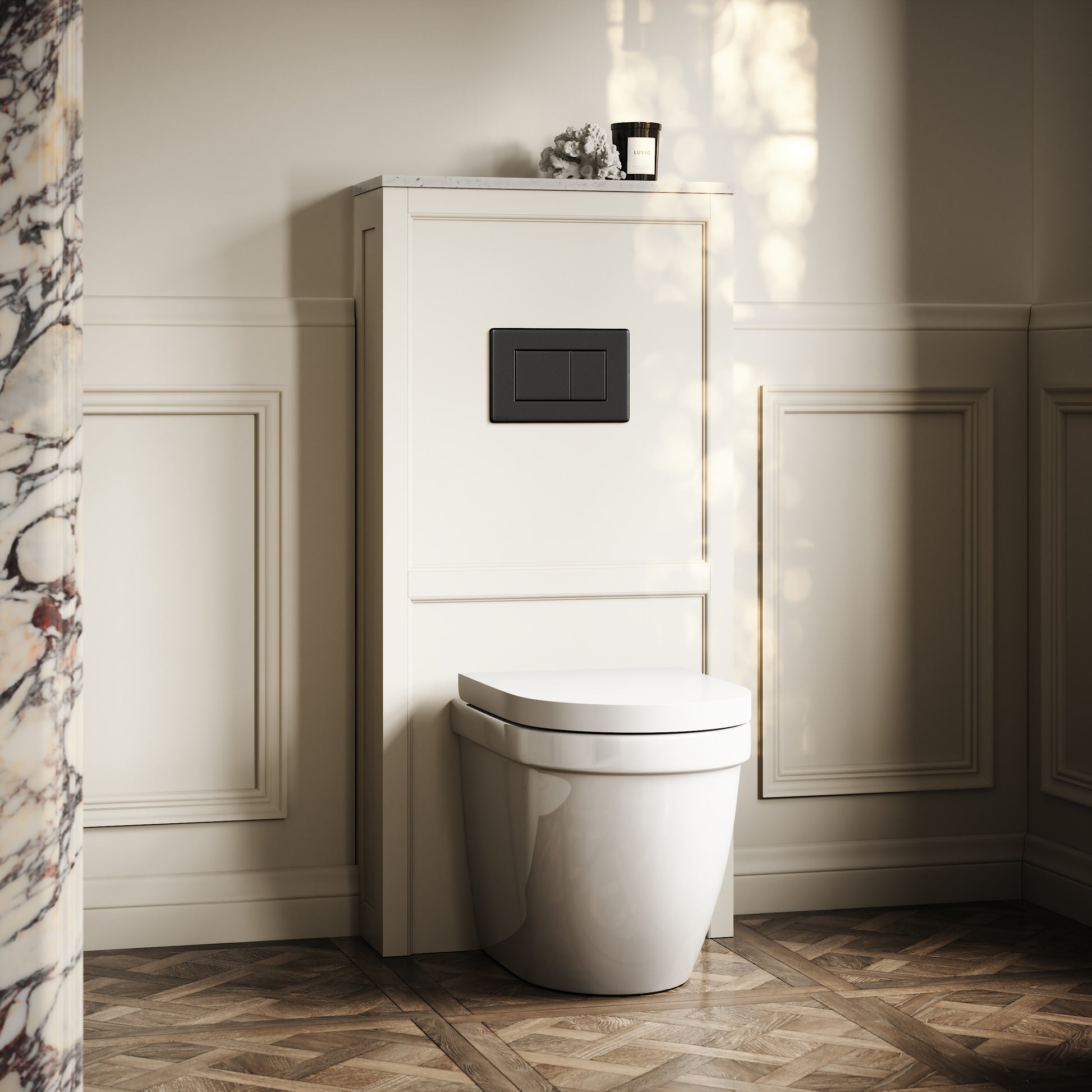 Berkeley Traditional Back to Wall Rimless Toilet with Concealed Cistern, Matte Cream Claridge Housing and Gunmetal Black Flush Plate
