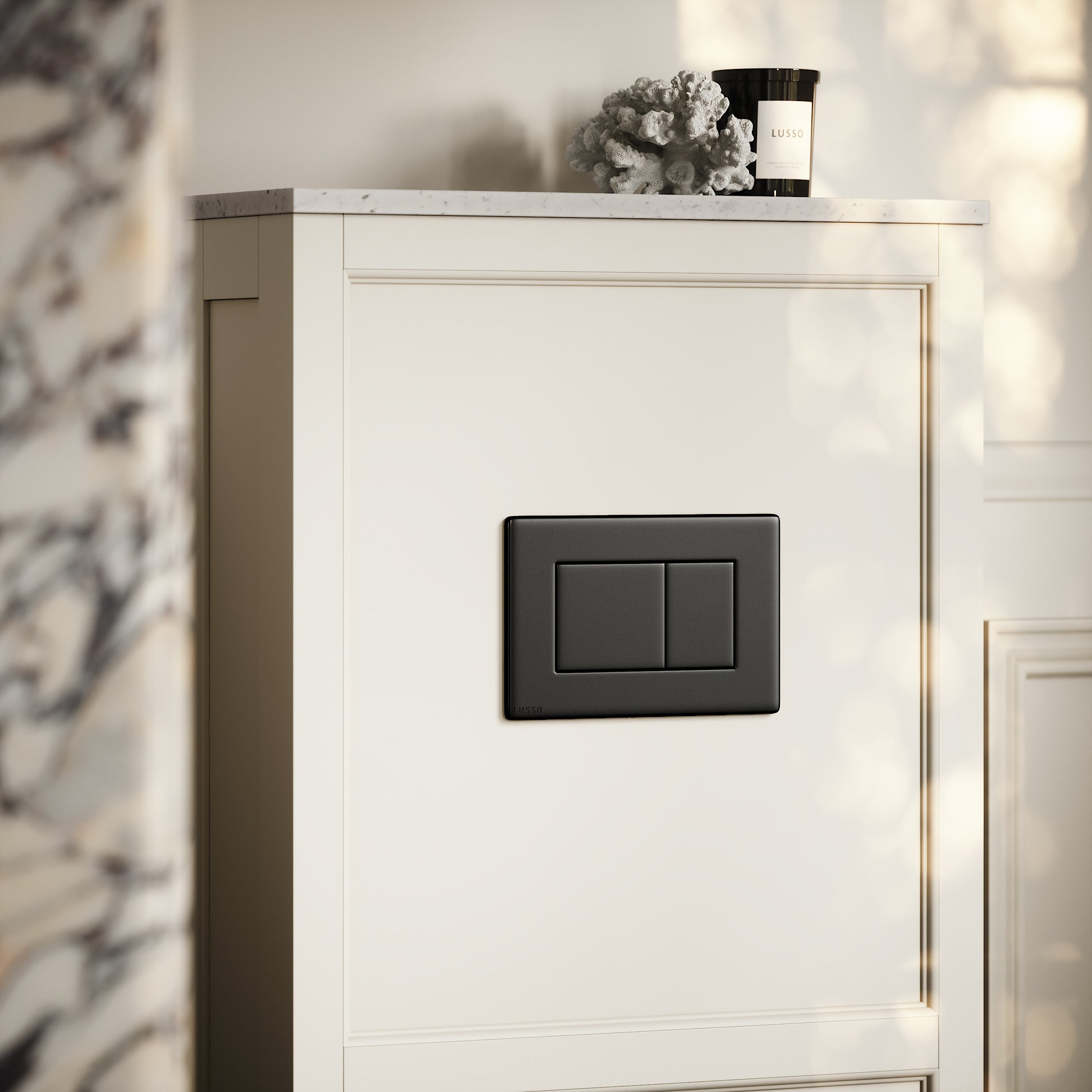 Berkeley Traditional Back to Wall Rimless Toilet with Concealed Cistern, Matte Cream Claridge Housing and Gunmetal Black Flush Plate