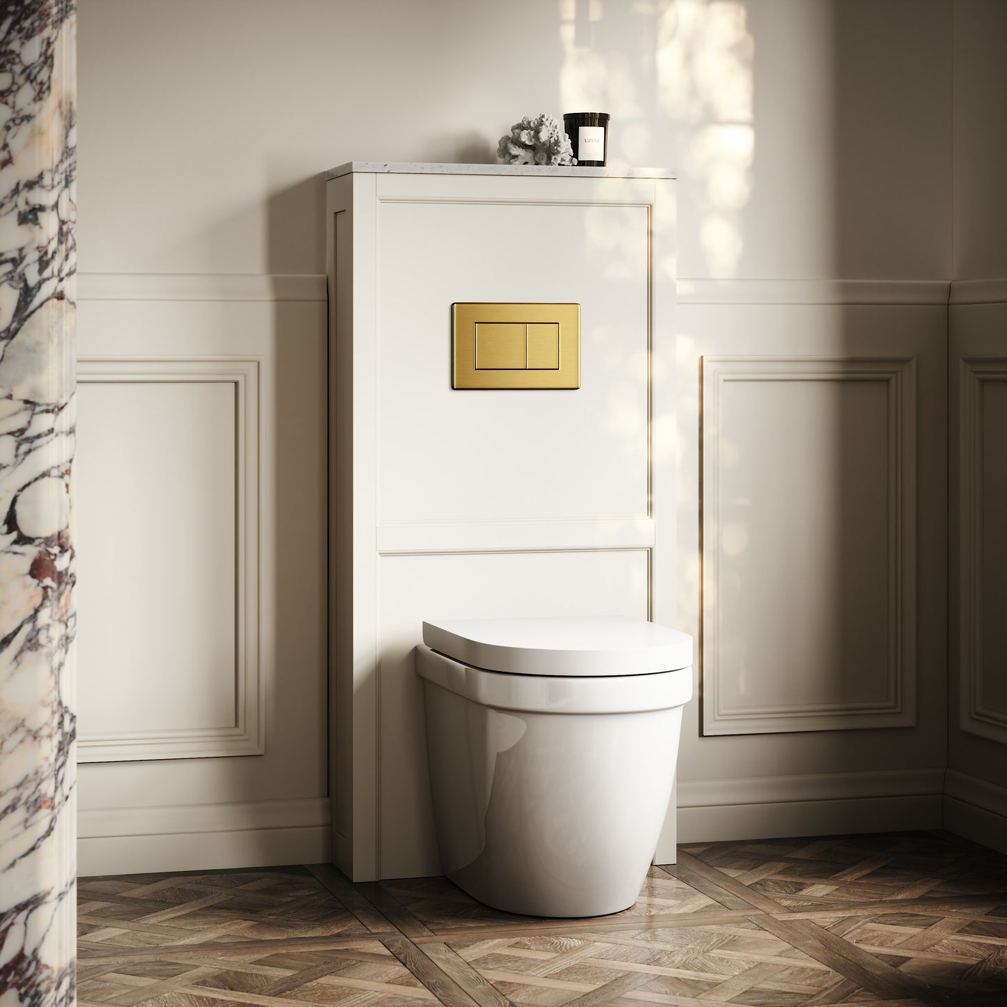 Berkeley Traditional Back to Wall Rimless Toilet with Concealed Cistern, Matte Cream Claridge Housing and Brushed Gold Flush Plate