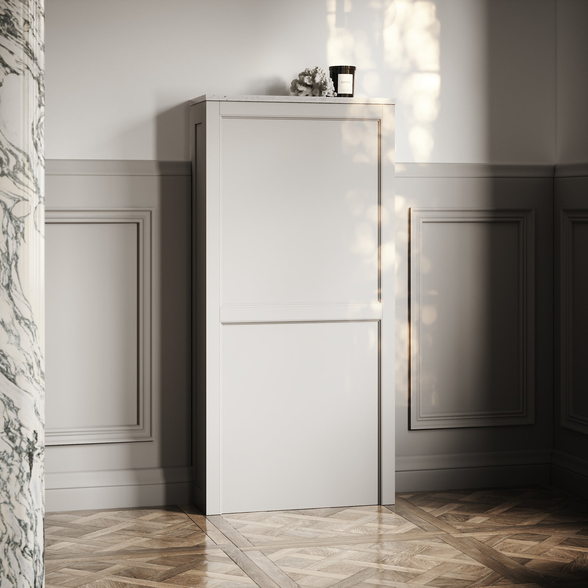 Berkeley Traditional Back to Wall Rimless Toilet with Concealed Cistern, Matte Stone Claridge Housing and Rose Gold Flush Plate