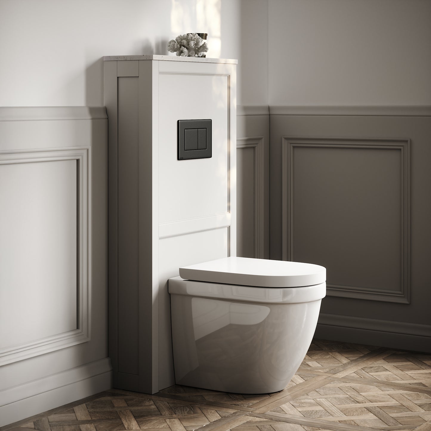 Berkeley Traditional Back to Wall Rimless Toilet with Concealed Cistern, Matte Stone Claridge Housing and Matte Black Flush Plate