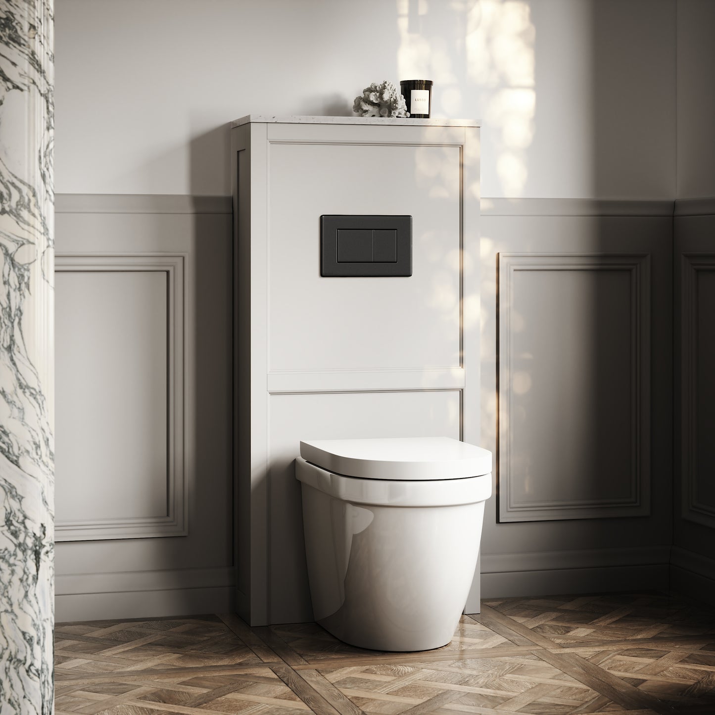 Berkeley Traditional Back to Wall Rimless Toilet with Concealed Cistern, Matte Stone Claridge Housing and Matte Black Flush Plate