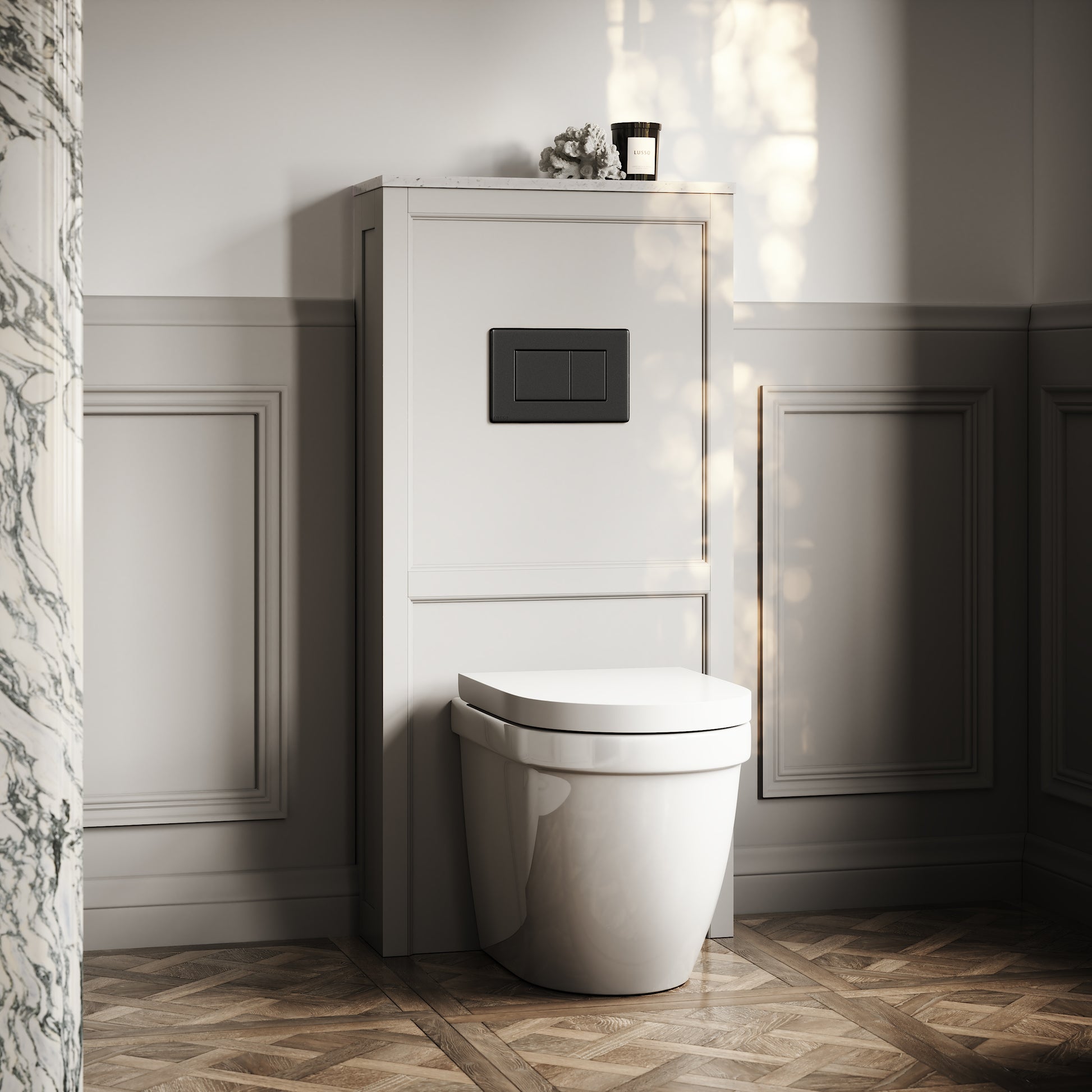 Berkeley Traditional Back to Wall Rimless Toilet with Concealed Cistern, Matte Stone Claridge Housing and Matte Black Flush Plate