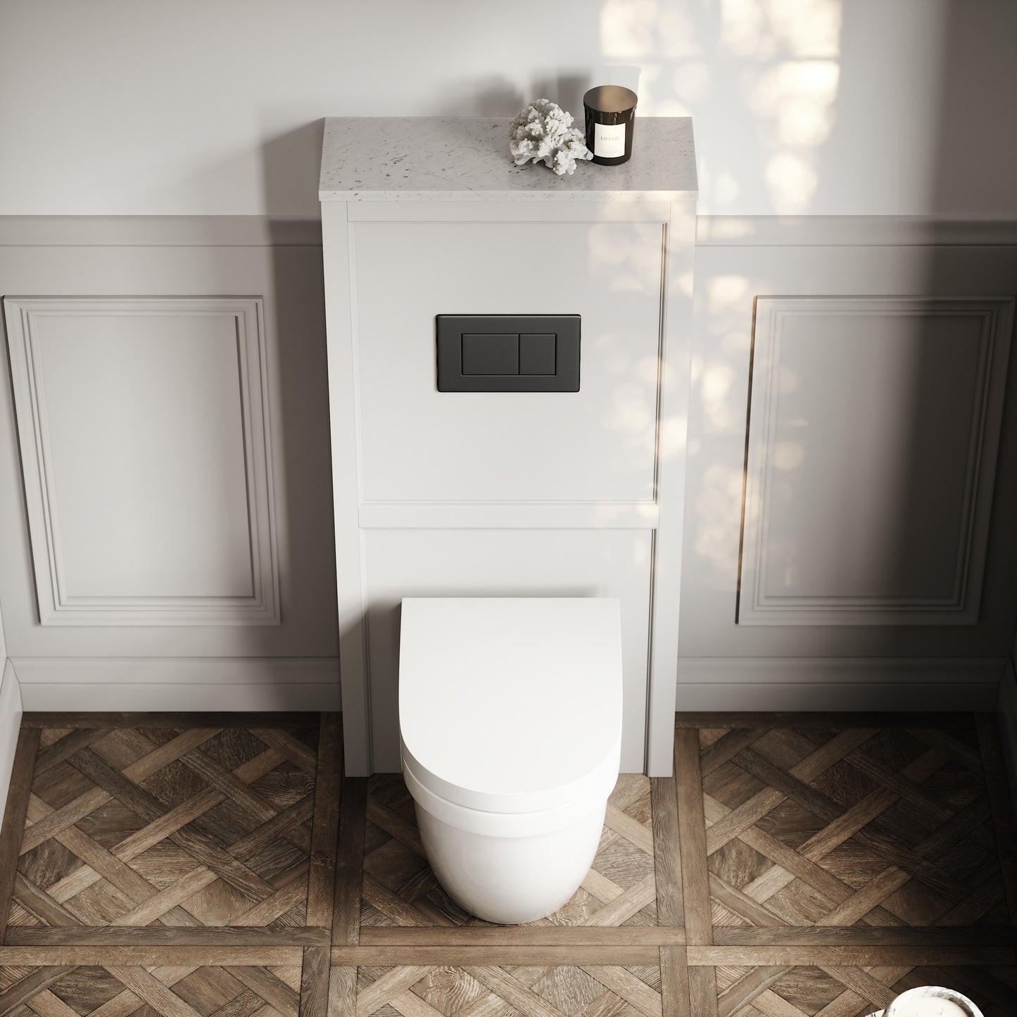 Berkeley Traditional Back to Wall Rimless Toilet with Concealed Cistern, Matte Stone Claridge Housing and Matte Black Flush Plate