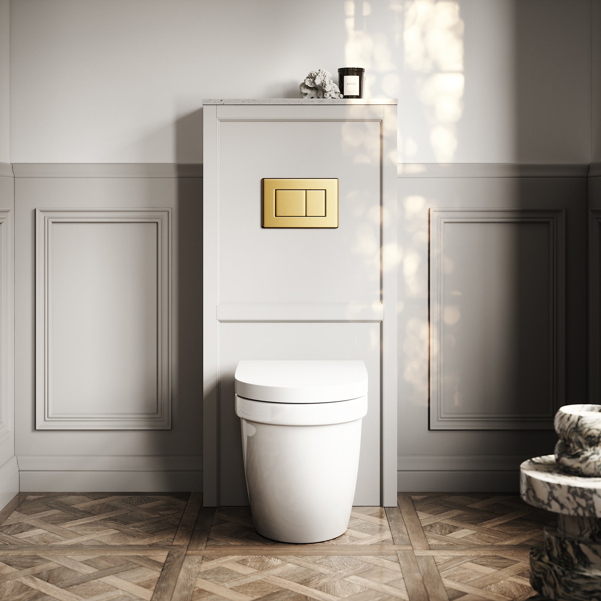 Berkeley Traditional Back to Wall Rimless Toilet with Concealed Cistern, Matte Stone Claridge Housing and Brushed Gold Flush Plate