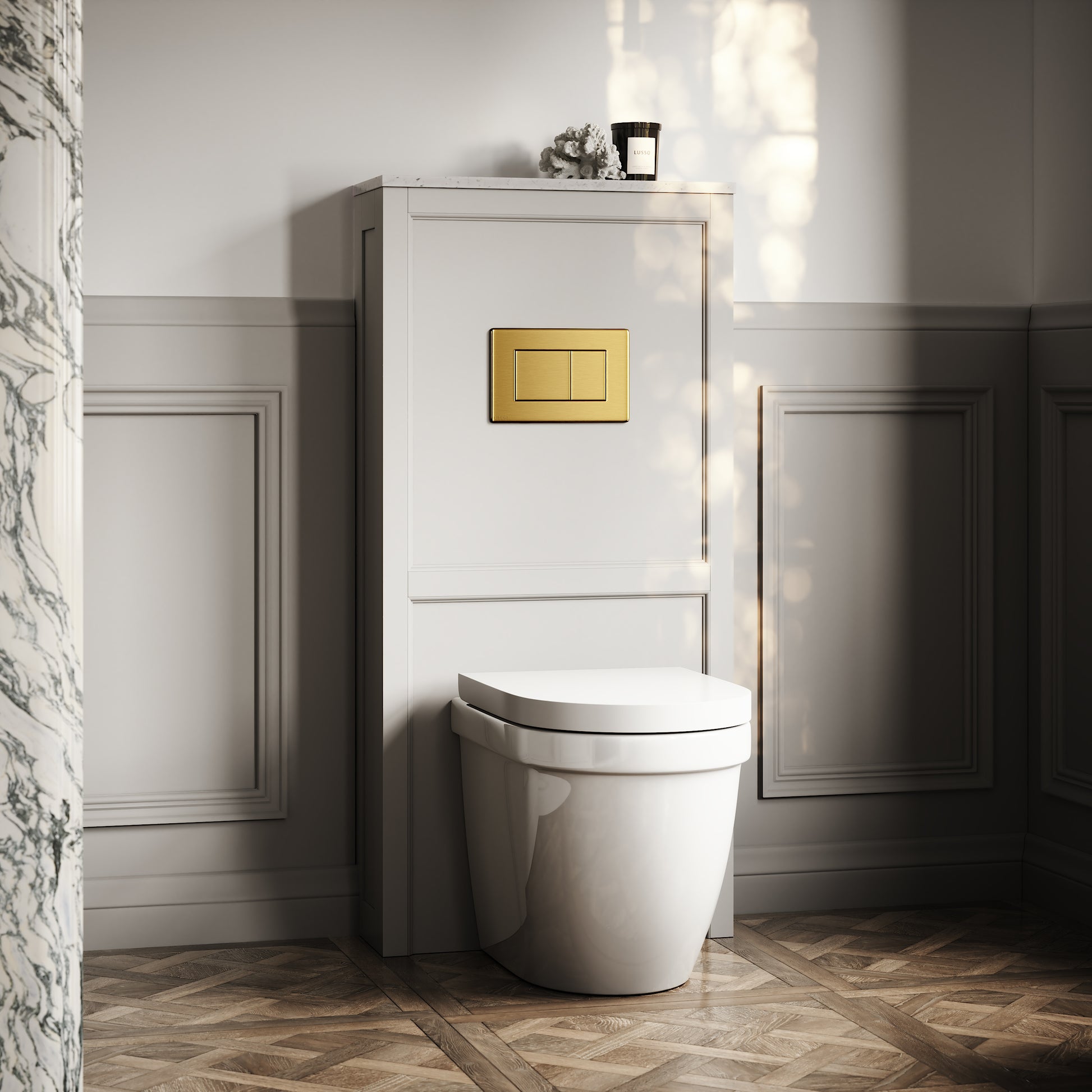 Berkeley Traditional Back to Wall Rimless Toilet with Concealed Cistern, Matte Stone Claridge Housing and Brushed Gold Flush Plate