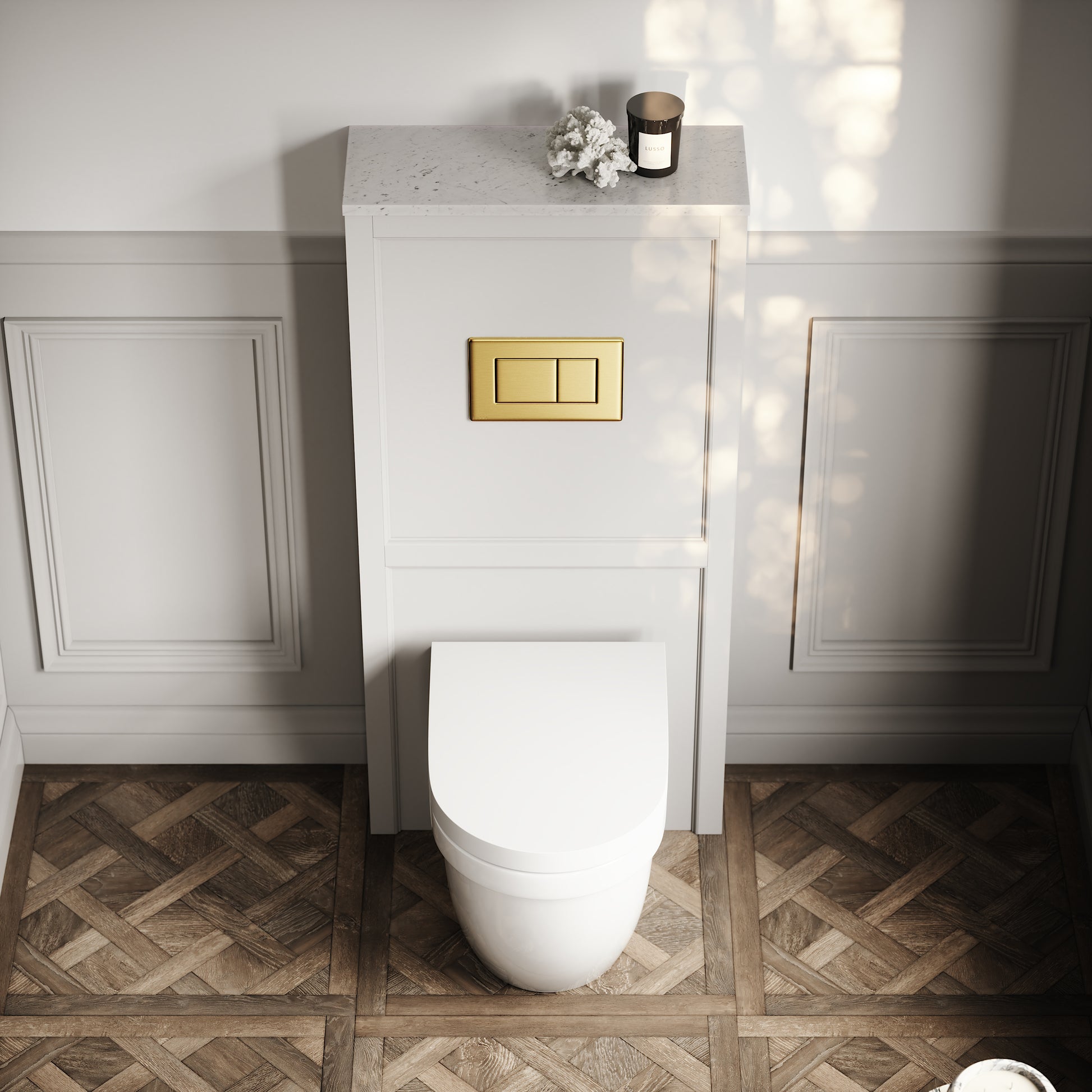 Berkeley Traditional Back to Wall Rimless Toilet with Concealed Cistern, Matte Stone Claridge Housing and Brushed Gold Flush Plate
