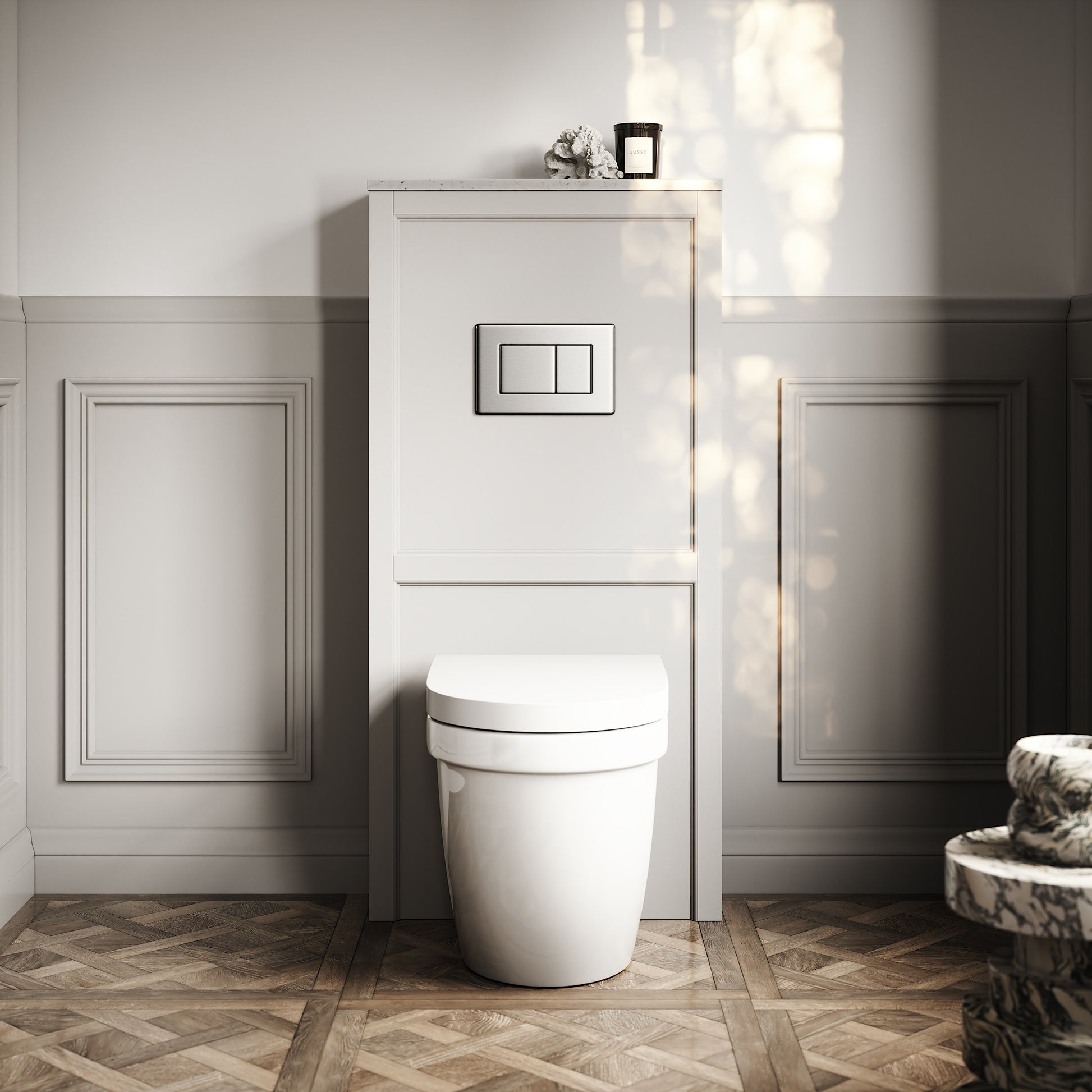 Berkeley Traditional Back to Wall Rimless Toilet with Concealed Cistern, Matte Stone Claridge Housing and Brushed Stainless Flush Plate