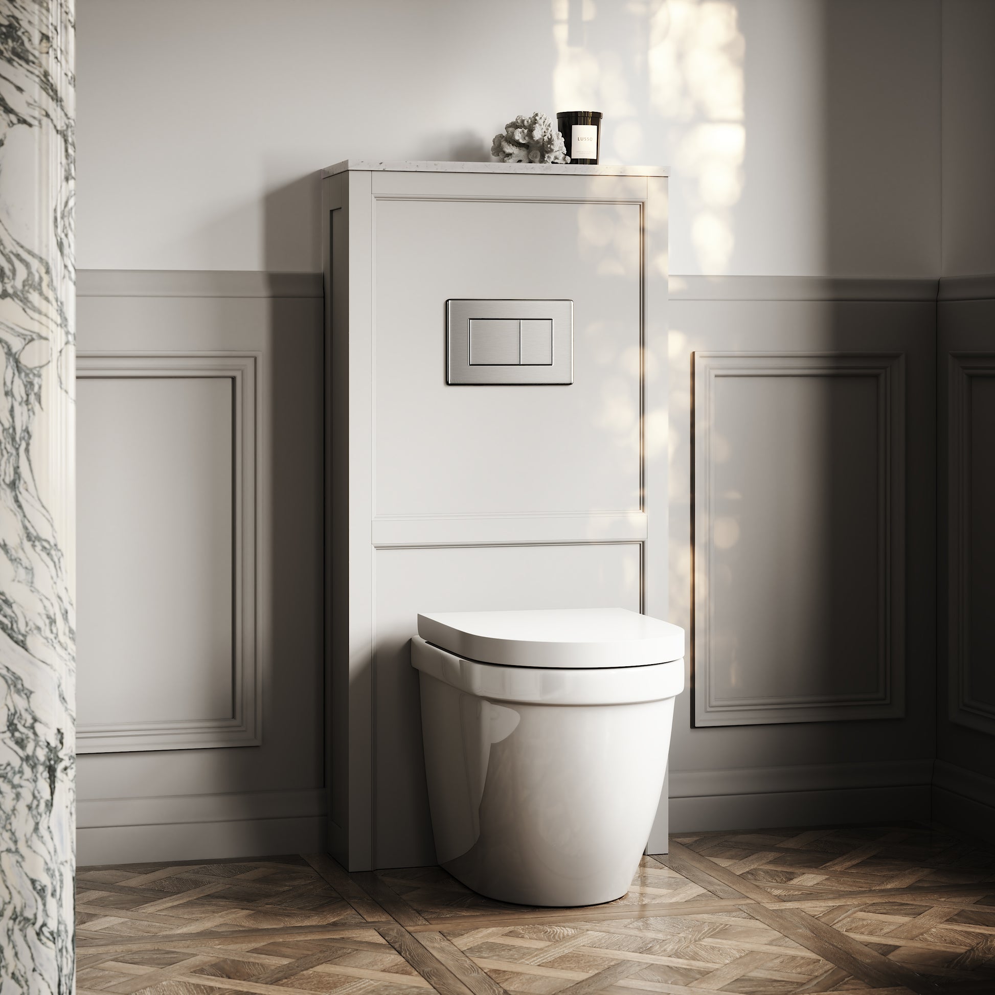 Berkeley Traditional Back to Wall Rimless Toilet with Concealed Cistern, Matte Stone Claridge Housing and Brushed Stainless Flush Plate
