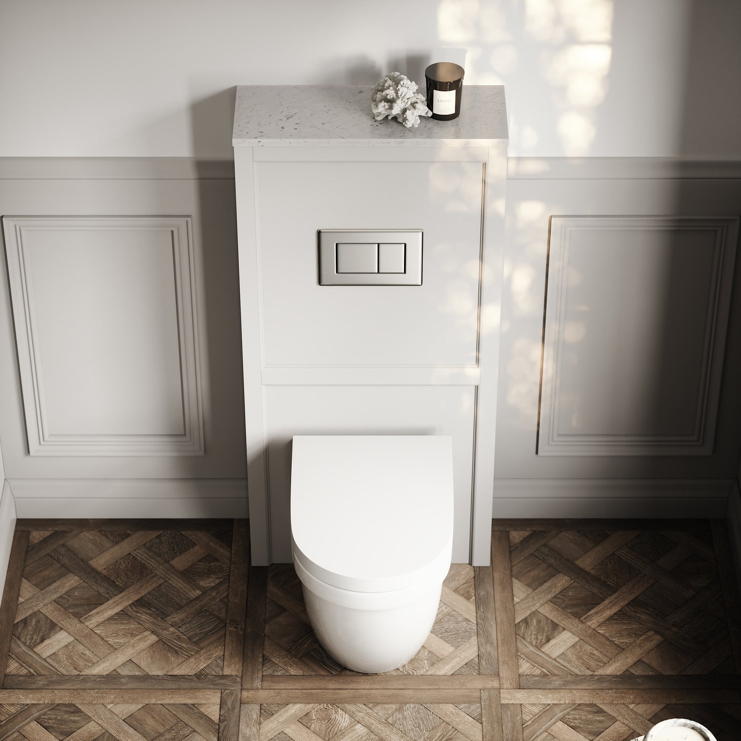 Berkeley Traditional Back to Wall Rimless Toilet with Concealed Cistern, Matte Stone Claridge Housing and Brushed Stainless Flush Plate