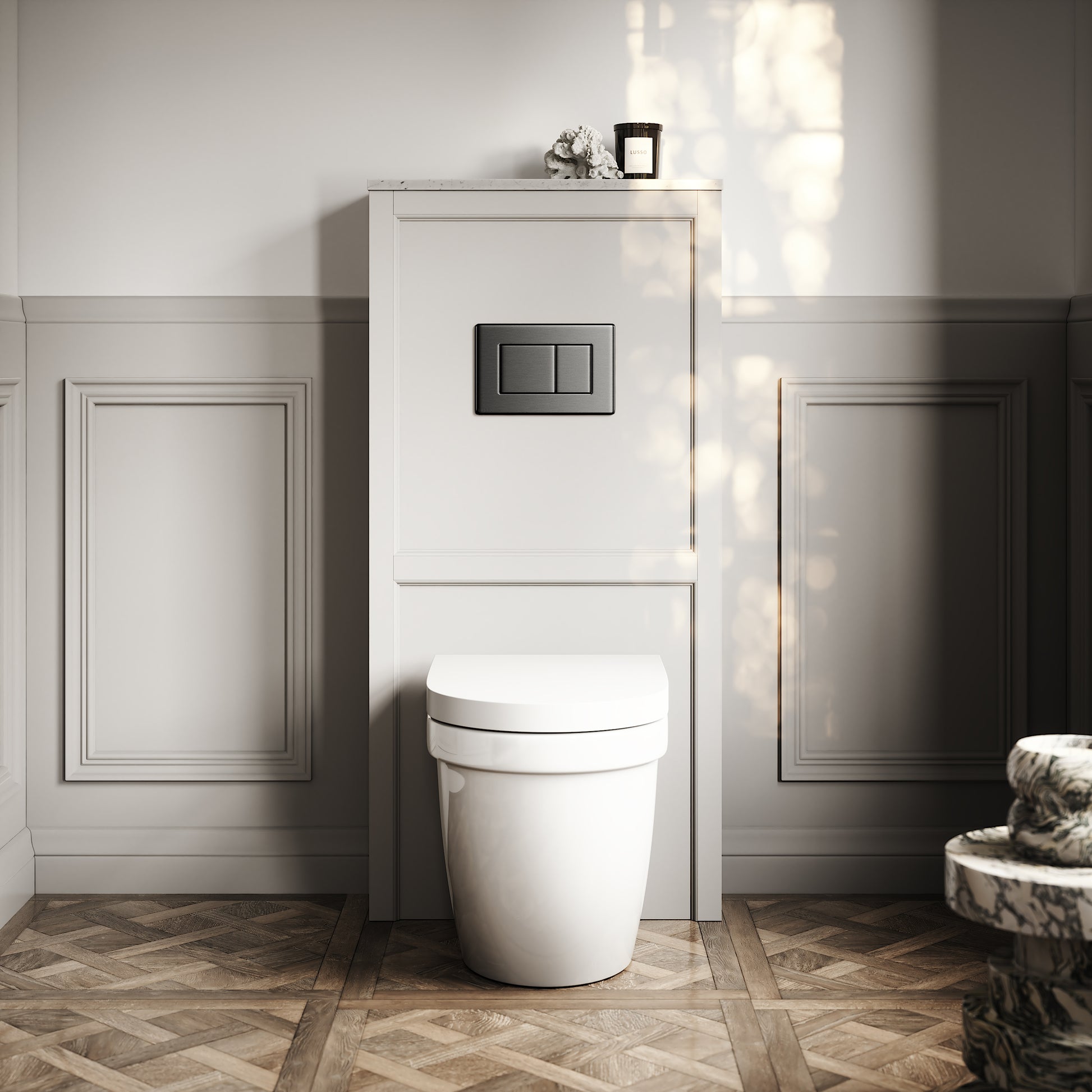 Berkeley Traditional Back to Wall Rimless Toilet with Concealed Cistern, Matte Stone Claridge Housing and Gunmetal Black Flush Plate
