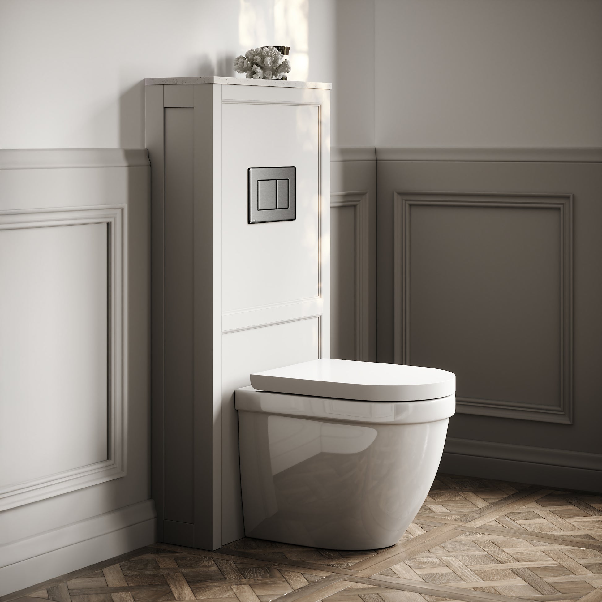Berkeley Traditional Back to Wall Rimless Toilet with Concealed Cistern, Matte Stone Claridge Housing and Gunmetal Black Flush Plate