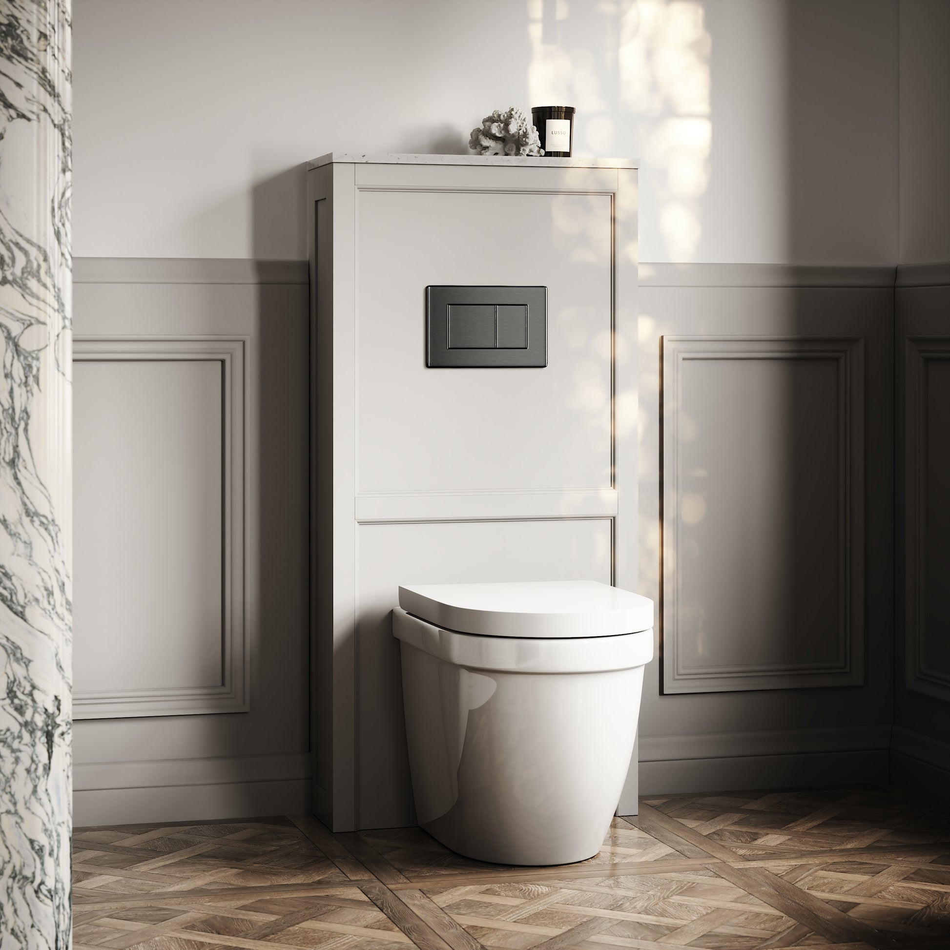Berkeley Traditional Back to Wall Rimless Toilet with Concealed Cistern, Matte Stone Claridge Housing and Gunmetal Black Flush Plate