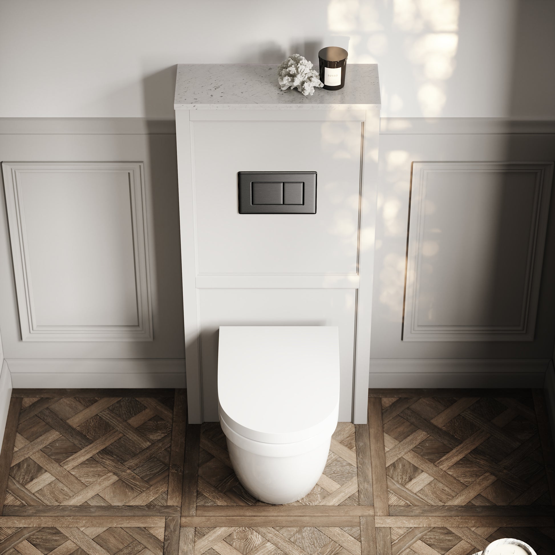 Berkeley Traditional Back to Wall Rimless Toilet with Concealed Cistern, Matte Stone Claridge Housing and Gunmetal Black Flush Plate