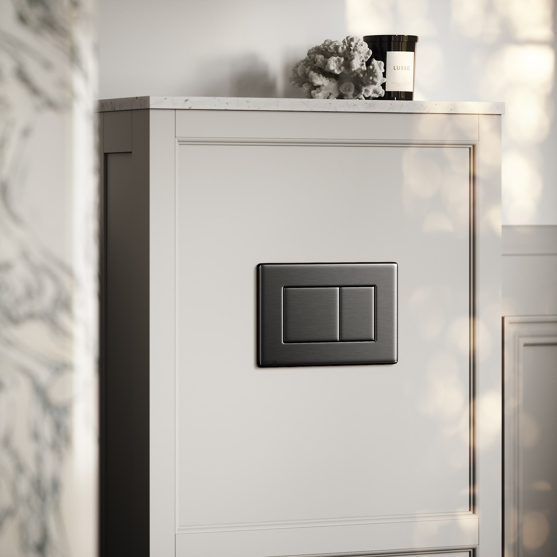 Berkeley Traditional Back to Wall Rimless Toilet with Concealed Cistern, Matte Stone Claridge Housing and Gunmetal Black Flush Plate