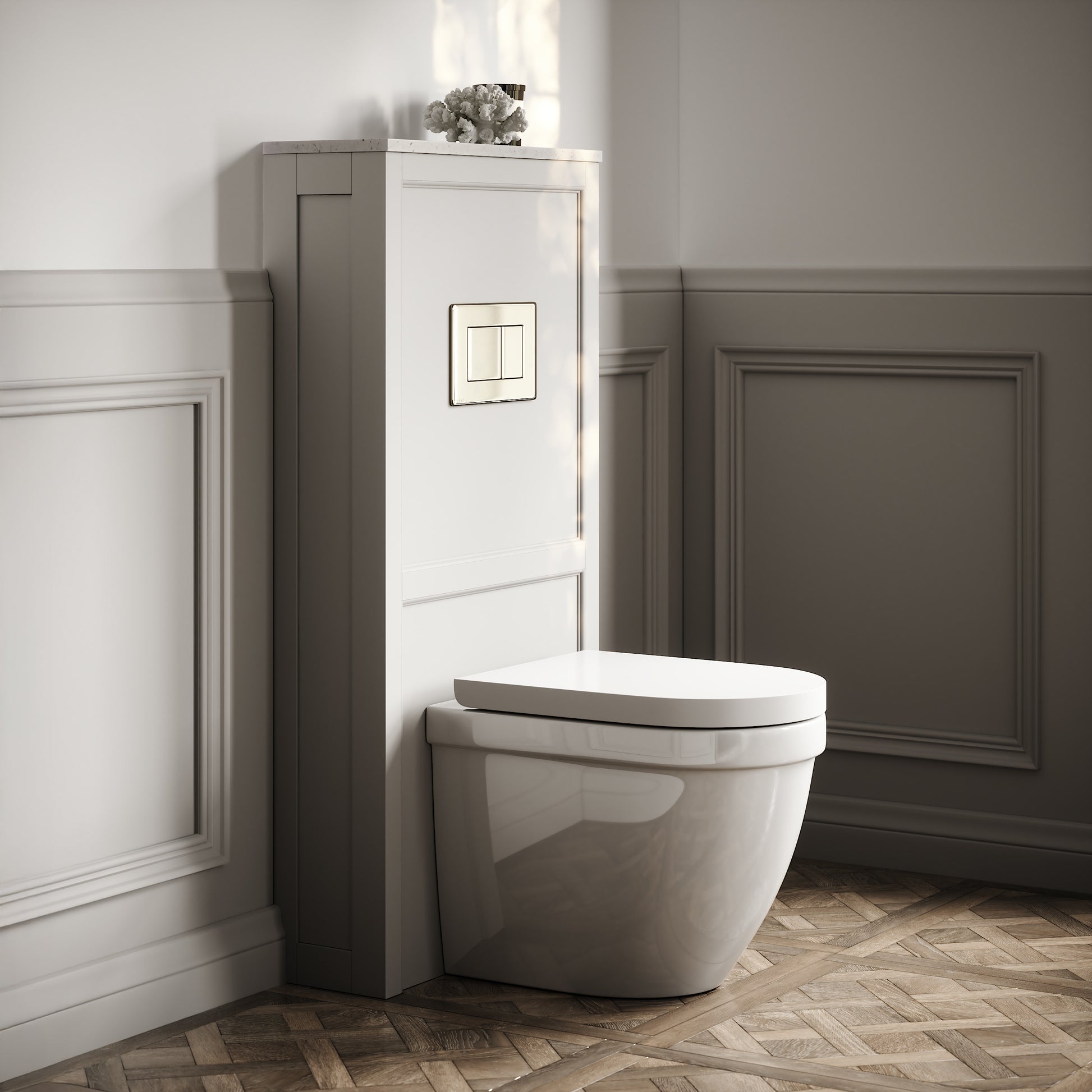 Berkeley Traditional Back to Wall Rimless Toilet with Concealed Cistern, Matte Stone Claridge Housing and Polished Nickel Flush Plate