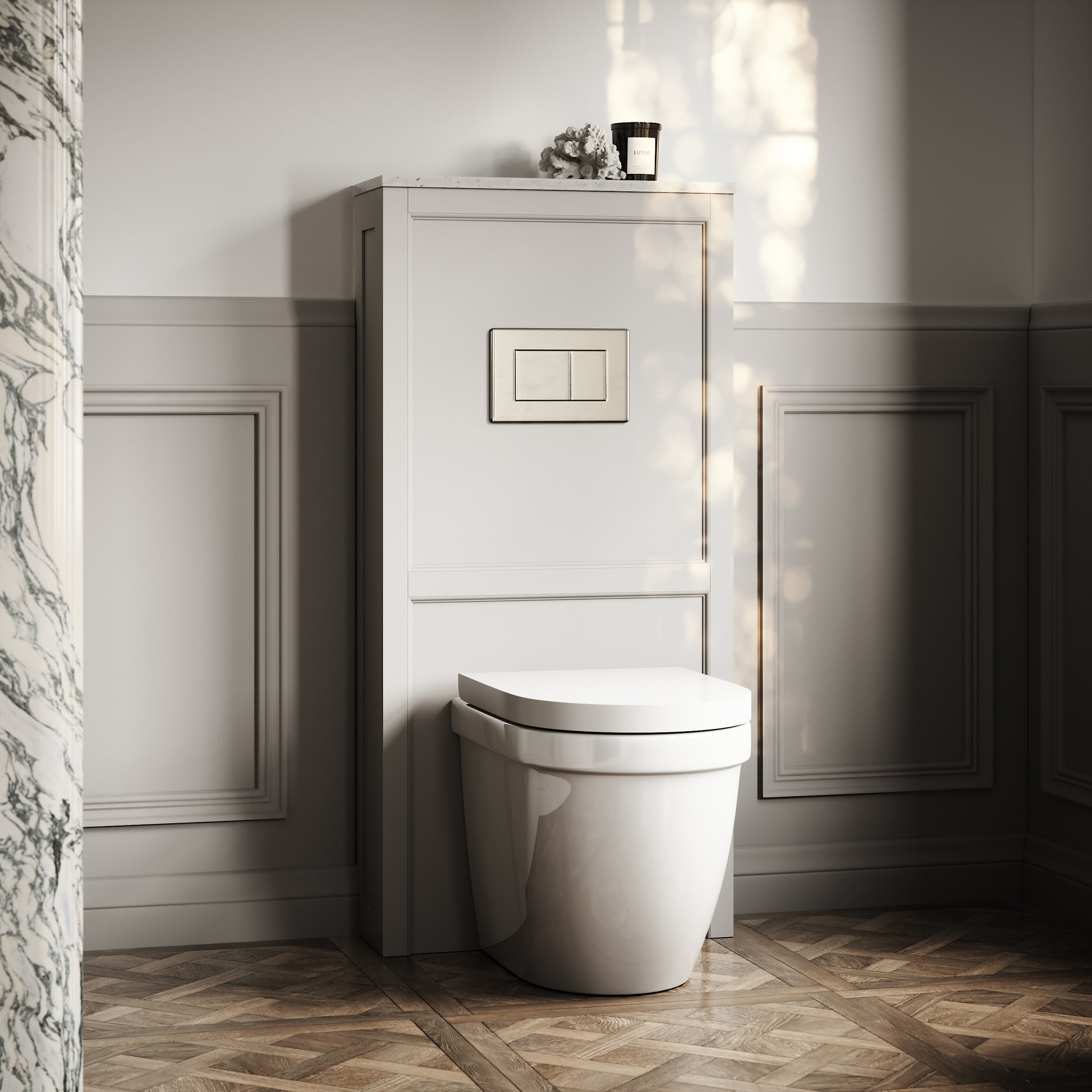 Berkeley Traditional Back to Wall Rimless Toilet with Concealed Cistern, Matte Stone Claridge Housing and Polished Nickel Flush Plate