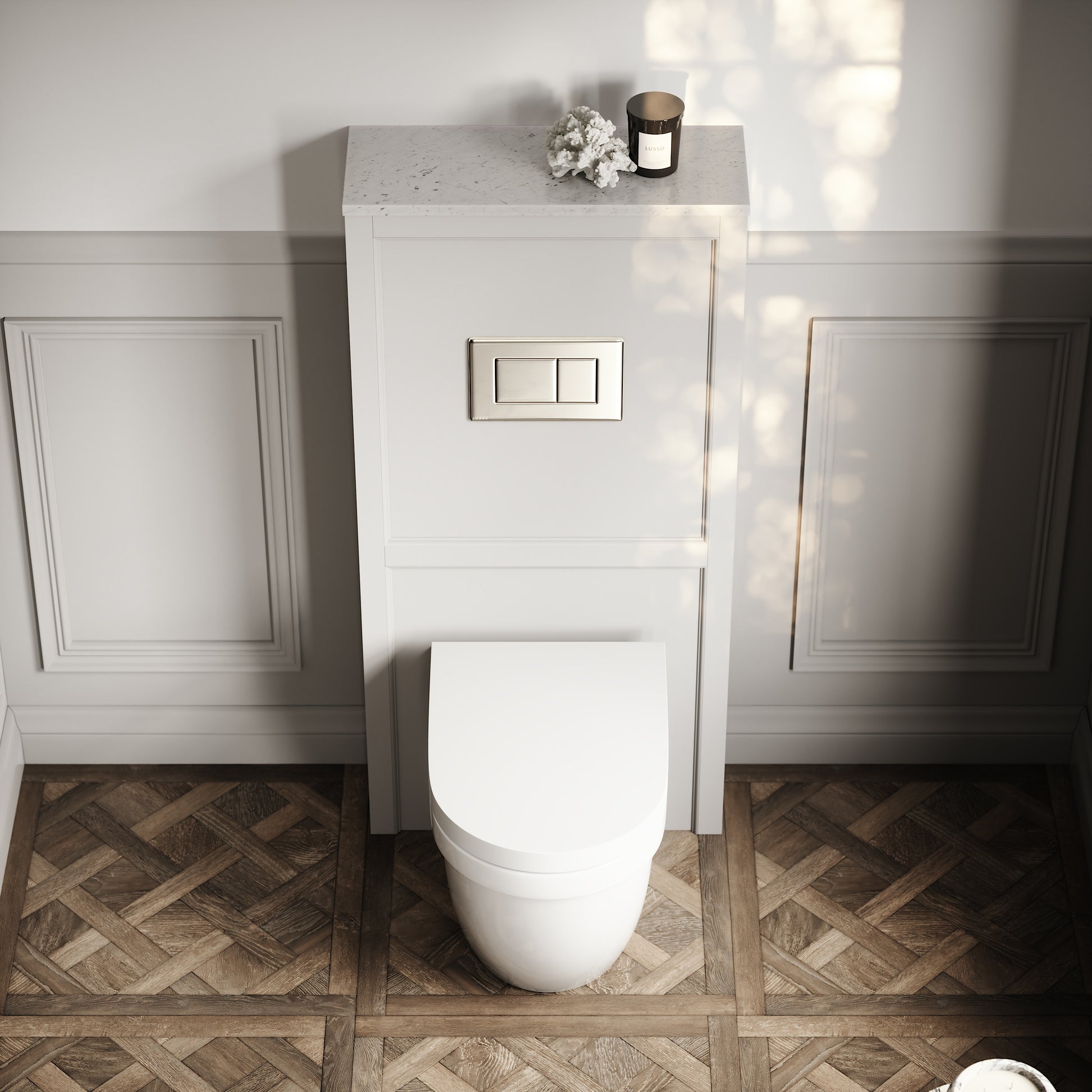 Berkeley Traditional Back to Wall Rimless Toilet with Concealed Cistern, Matte Stone Claridge Housing and Polished Nickel Flush Plate