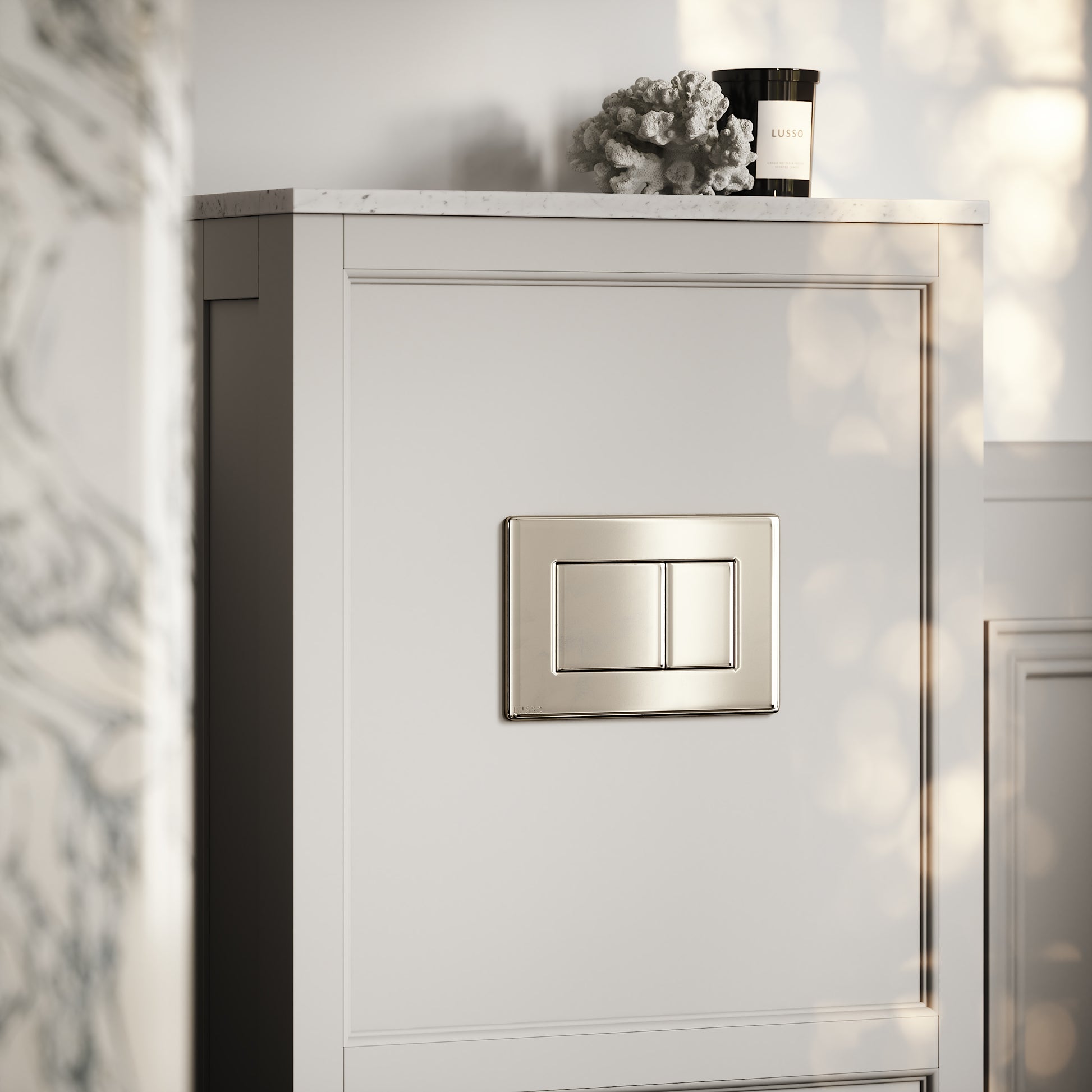 Berkeley Traditional Back to Wall Rimless Toilet with Concealed Cistern, Matte Stone Claridge Housing and Polished Nickel Flush Plate