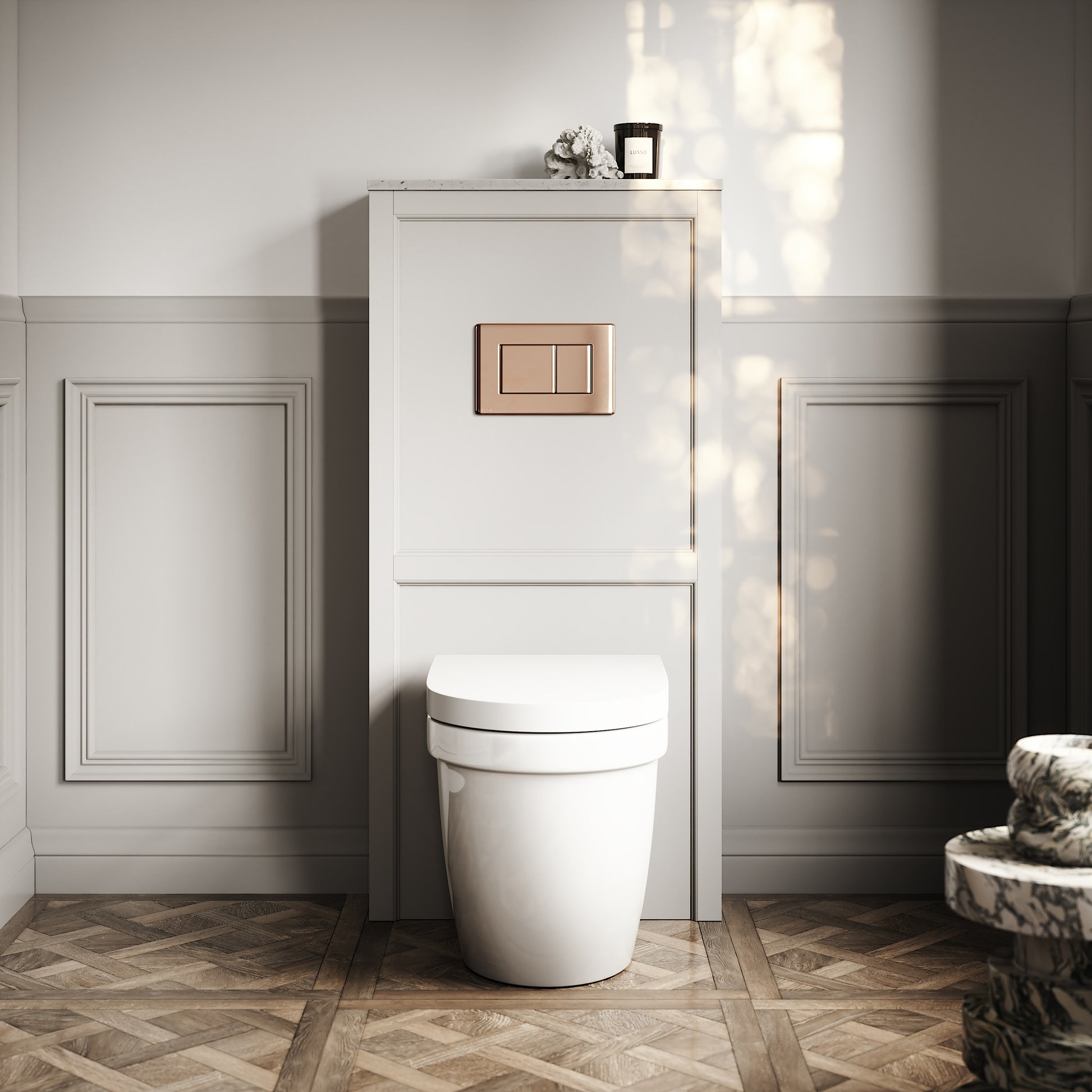 Berkeley Traditional Back to Wall Rimless Toilet with Concealed Cistern, Matte Stone Claridge Housing and Rose Gold Flush Plate