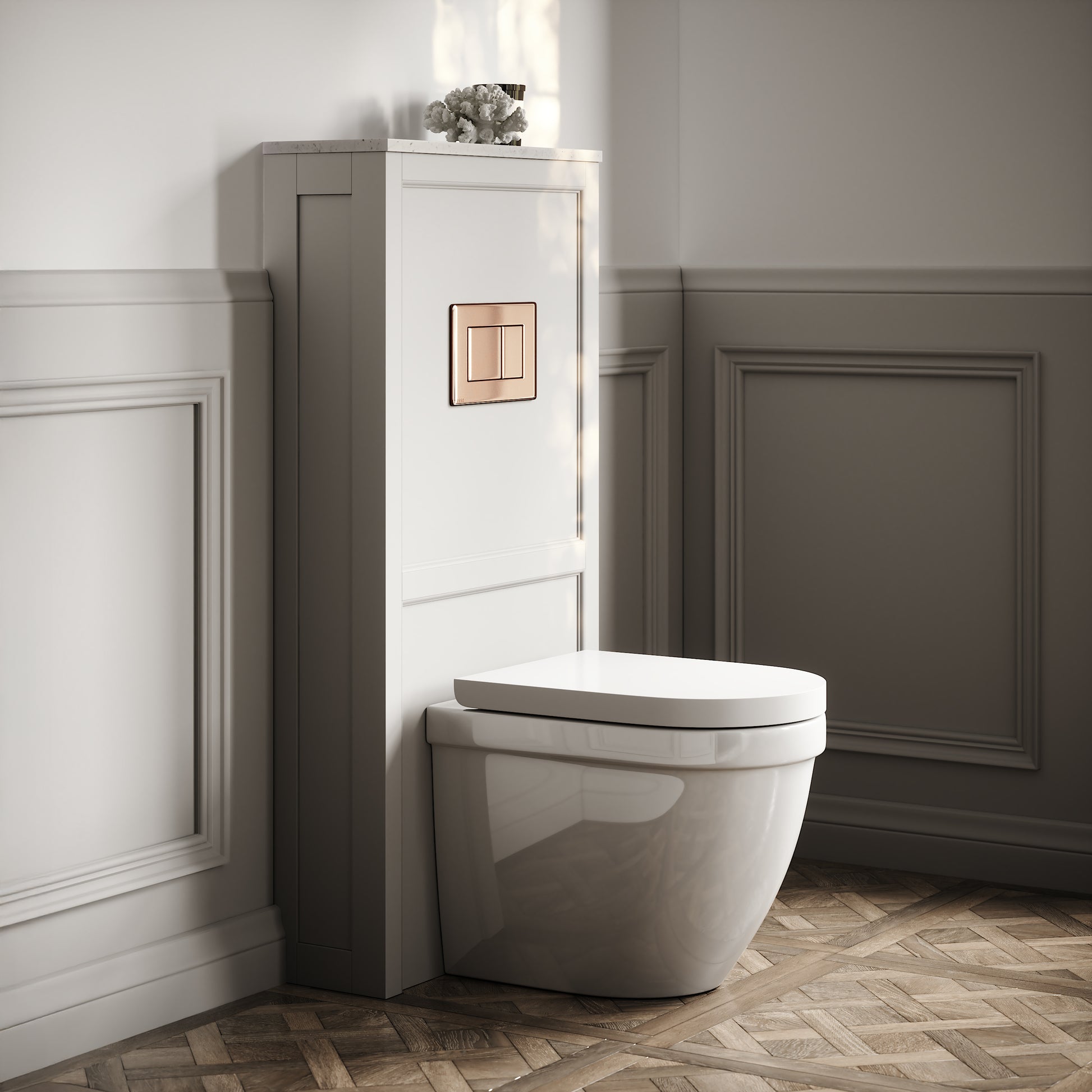 Berkeley Traditional Back to Wall Rimless Toilet with Concealed Cistern, Matte Stone Claridge Housing and Rose Gold Flush Plate