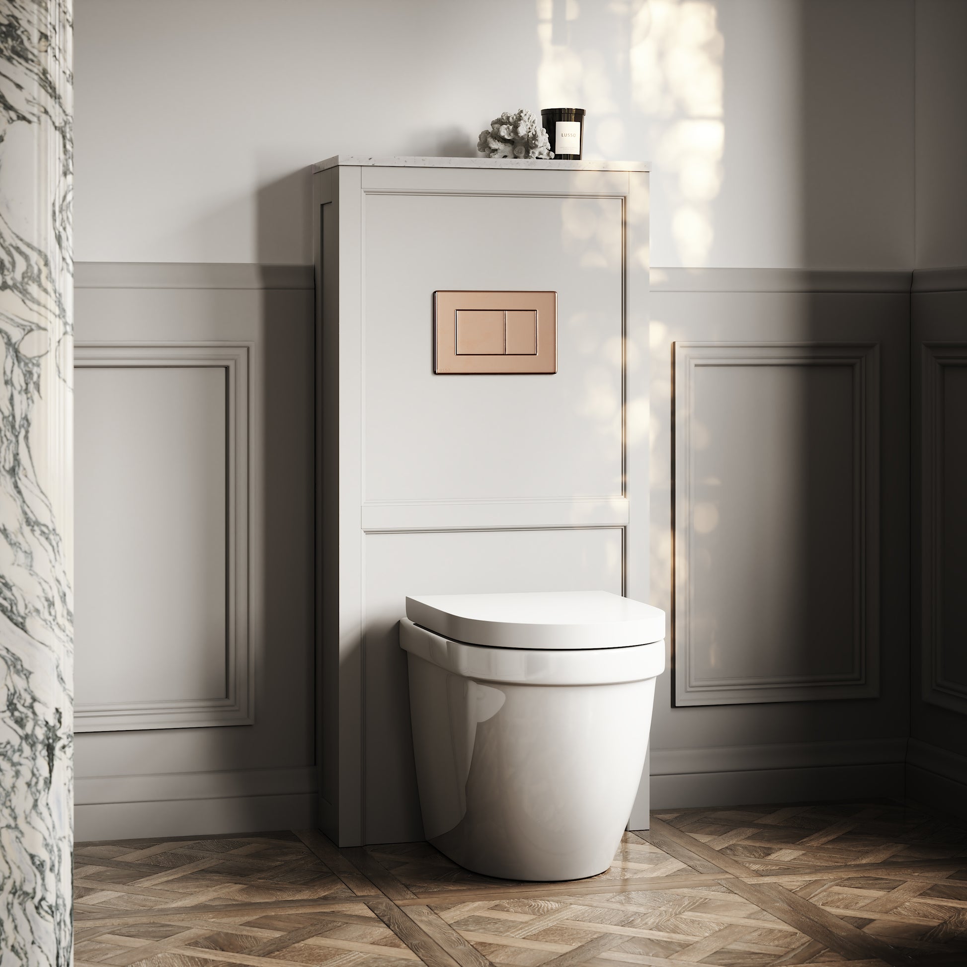 Berkeley Traditional Back to Wall Rimless Toilet with Concealed Cistern, Matte Stone Claridge Housing and Rose Gold Flush Plate