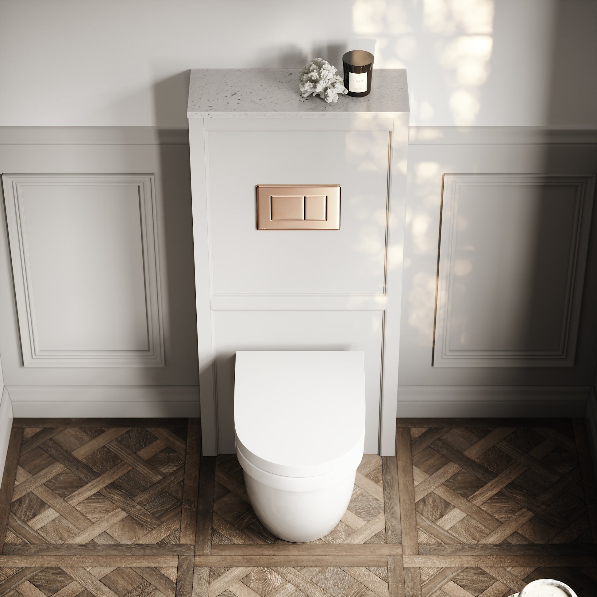 Berkeley Traditional Back to Wall Rimless Toilet with Concealed Cistern, Matte Stone Claridge Housing and Rose Gold Flush Plate