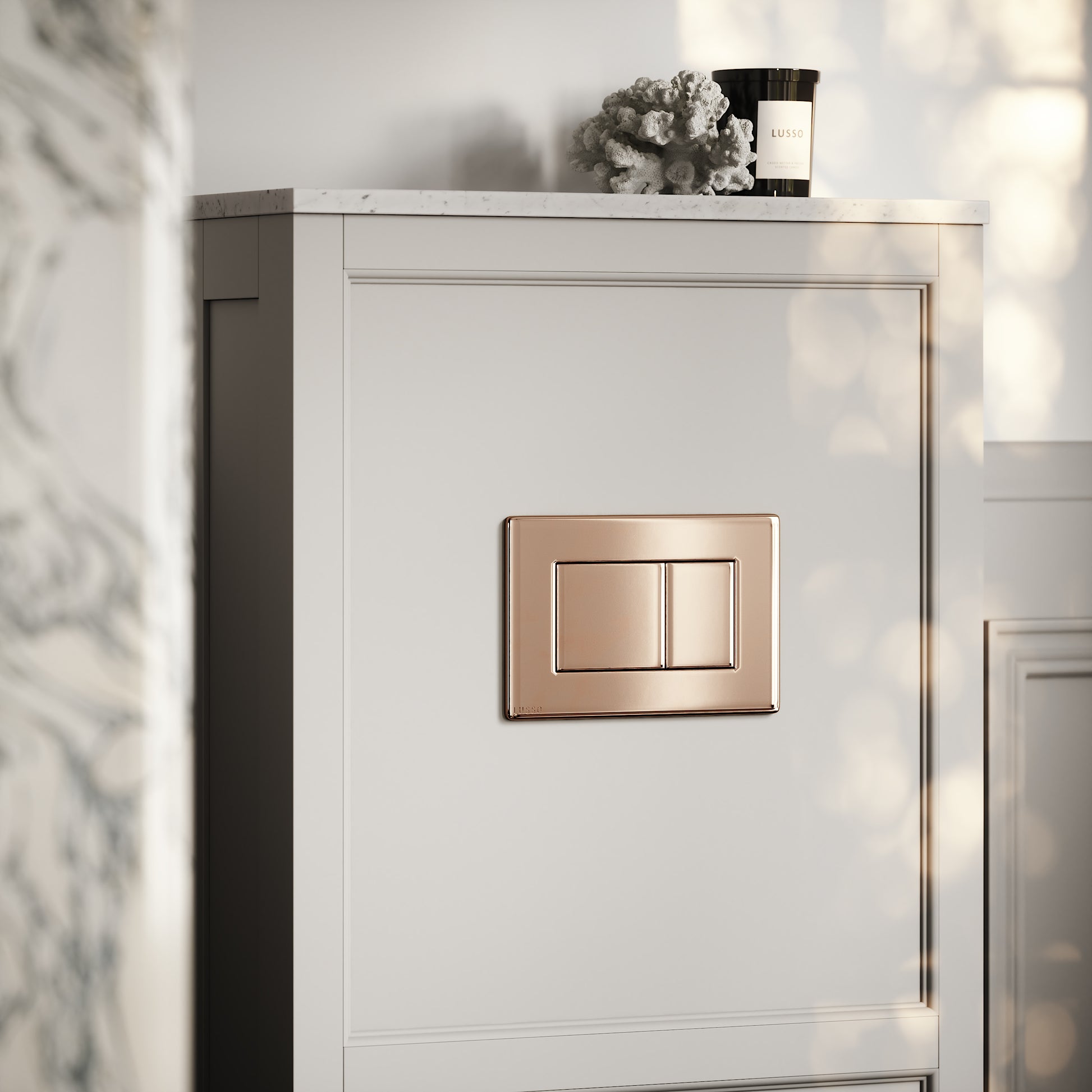 Berkeley Traditional Back to Wall Rimless Toilet with Concealed Cistern, Matte Stone Claridge Housing and Rose Gold Flush Plate