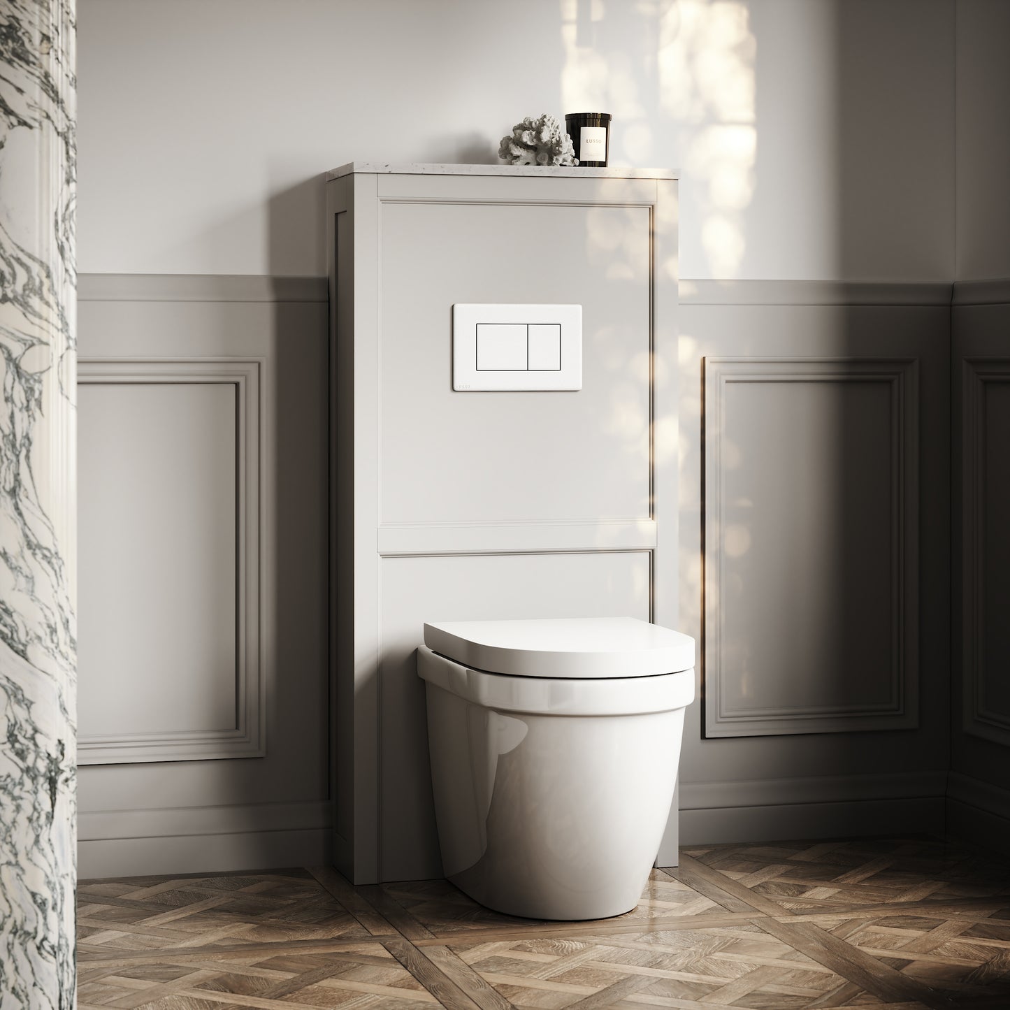 Berkeley Traditional Back to Wall Rimless Toilet with Concealed Cistern, Matte Stone Claridge Housing and Matte White Flush Plate