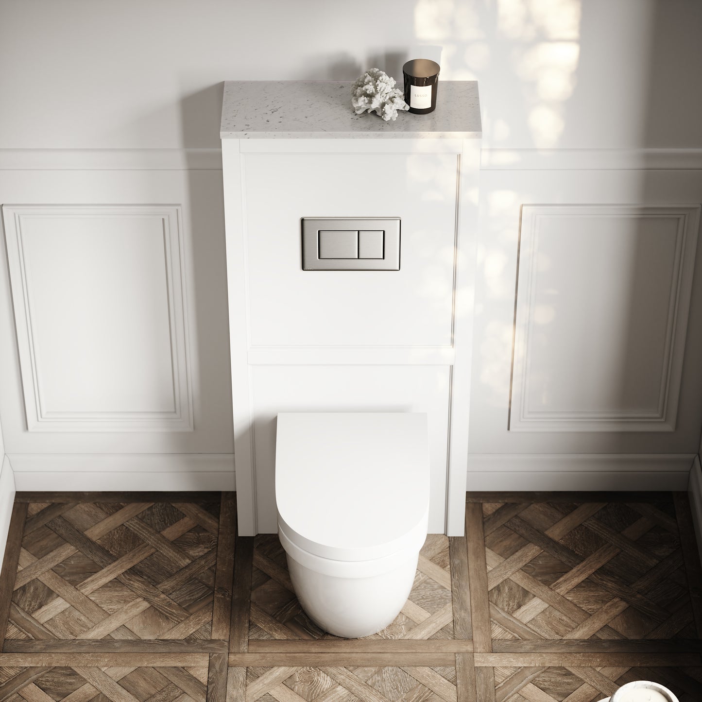 Berkeley Traditional Back to Wall Rimless Toilet with Concealed Cistern, Matte White Claridge Housing and Brushed Stainless Flush Plate
