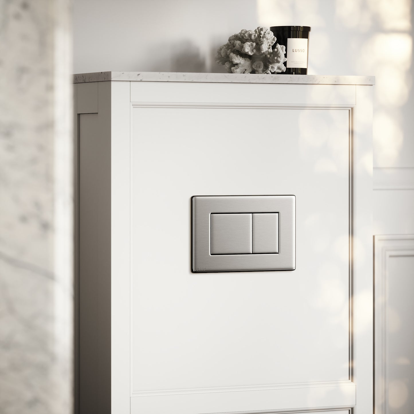 Berkeley Traditional Back to Wall Rimless Toilet with Concealed Cistern, Matte White Claridge Housing and Brushed Stainless Flush Plate