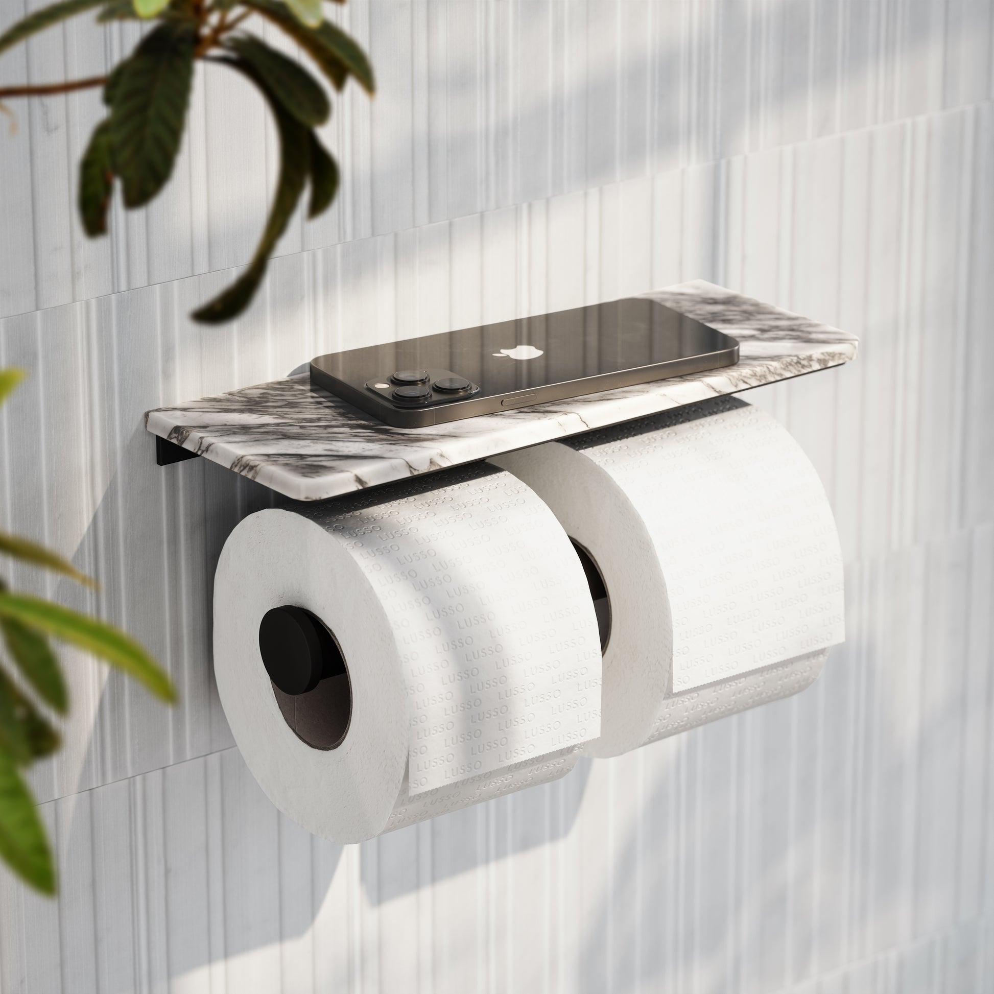 Deka Matte Black Double Toilet Roll Holder with Arabescato Marble Shelf