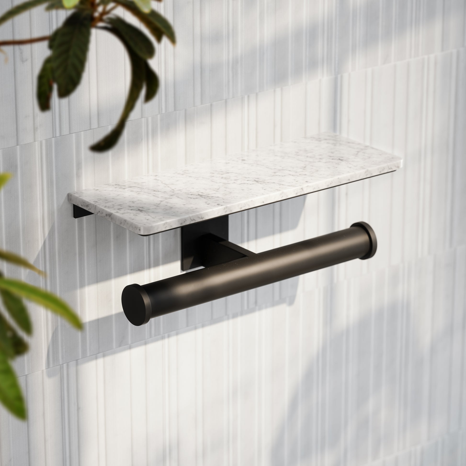 Deka Matte Black Double Toilet Roll Holder with Carrara Marble Shelf