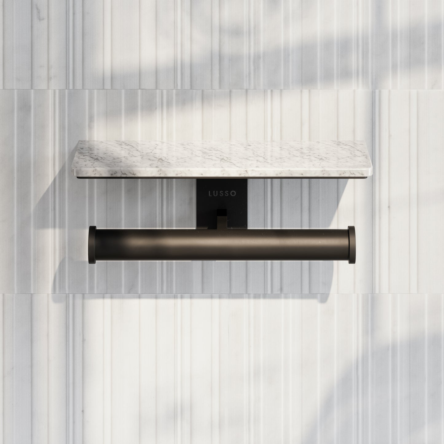 Deka Matte Black Double Toilet Roll Holder with Carrara Marble Shelf