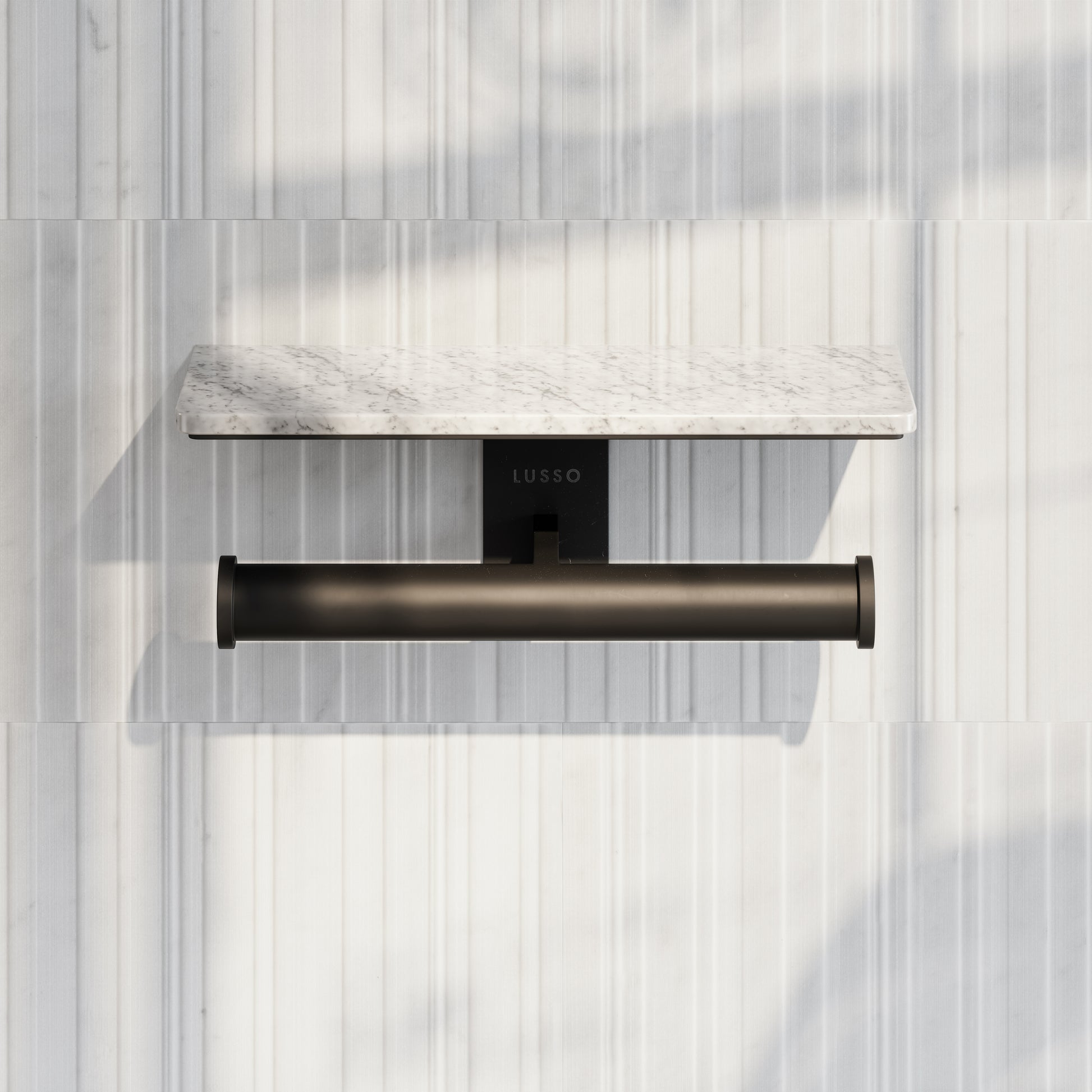 Deka Matte Black Double Toilet Roll Holder with Carrara Marble Shelf