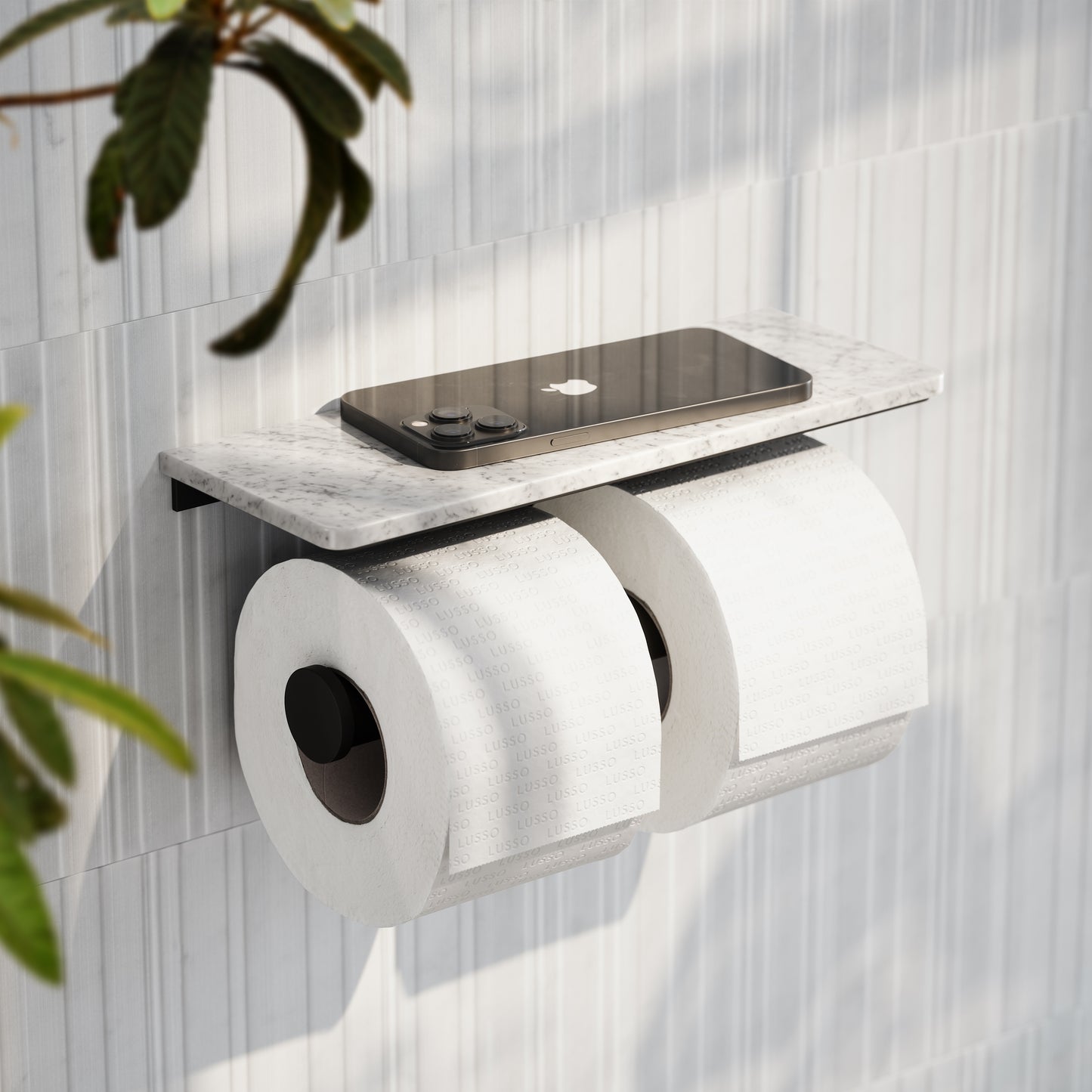 Deka Matte Black Double Toilet Roll Holder with Carrara Marble Shelf