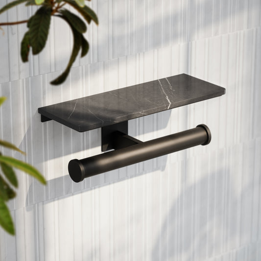 Deka Matte Black Double Toilet Roll Holder with Pietra Grey Marble Shelf