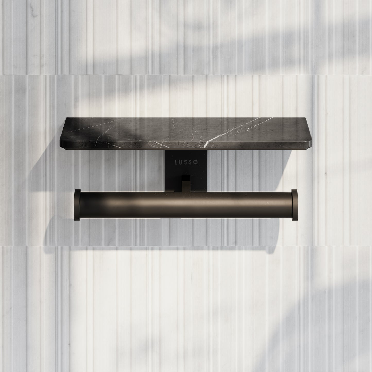Deka Matte Black Double Toilet Roll Holder with Pietra Grey Marble Shelf